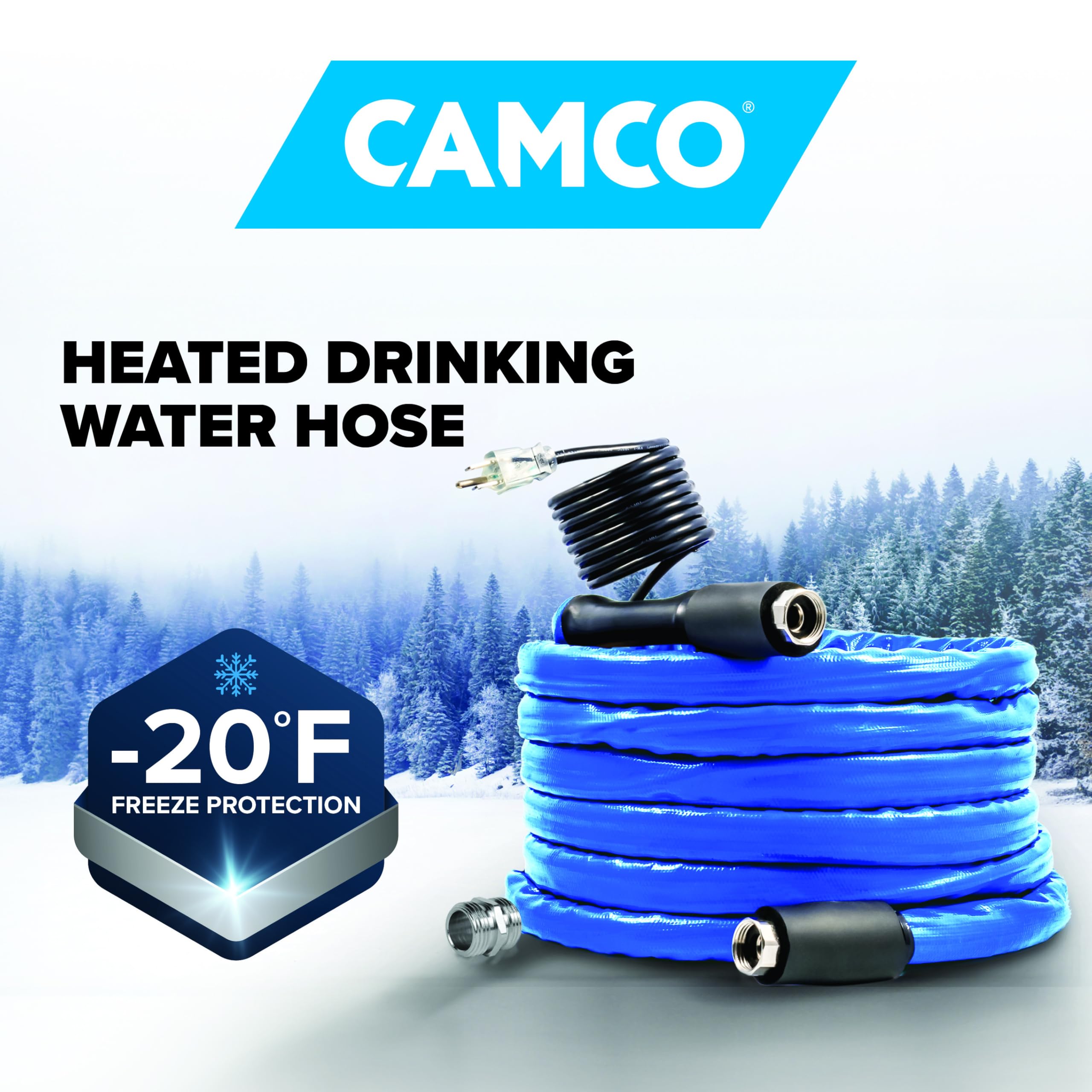 50' Heated Water Hose Camco for RV — Prevents Freezing Down to -20° — Certified For Drinking Water & Lead-Free — Great for Campers, Livestock, Agriculture, Kennels, etc. — 5/8" ID (22912)