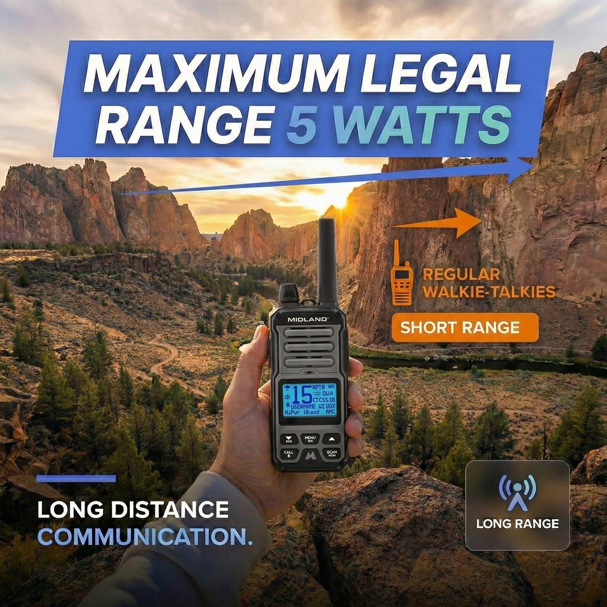 GXT67 Midland 5-Watt GMRS Two-Way Radio – Long Range Walkie Talkie for Overlanding, Jeep, & Off-Road – IP67 Waterproof, Repeater Capable, Rechargeable Battery, Hard Case Included (Black)