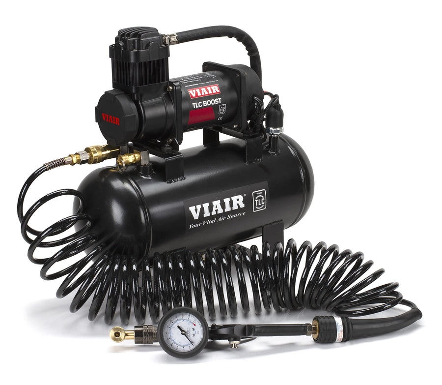 VIAIR Air Compressor TLC BOOST XL Source Kit – 150 PSI Tire Inflator with 2 Gallon Tank, Blow Gun, Inflation Tips, Presta Valve Chuck & 30ft Coil Hose – For Air Tools, DIY Projects & Mobile Shops