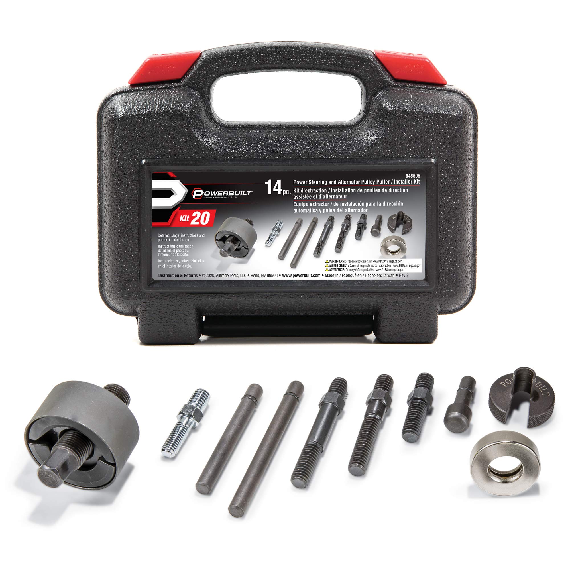 Powerbuilt Steering Power and Alternator Pulley Remove and Install Tool Set, Replace Vehicle Pump, Car Repair Tools, Storage Case - 648605