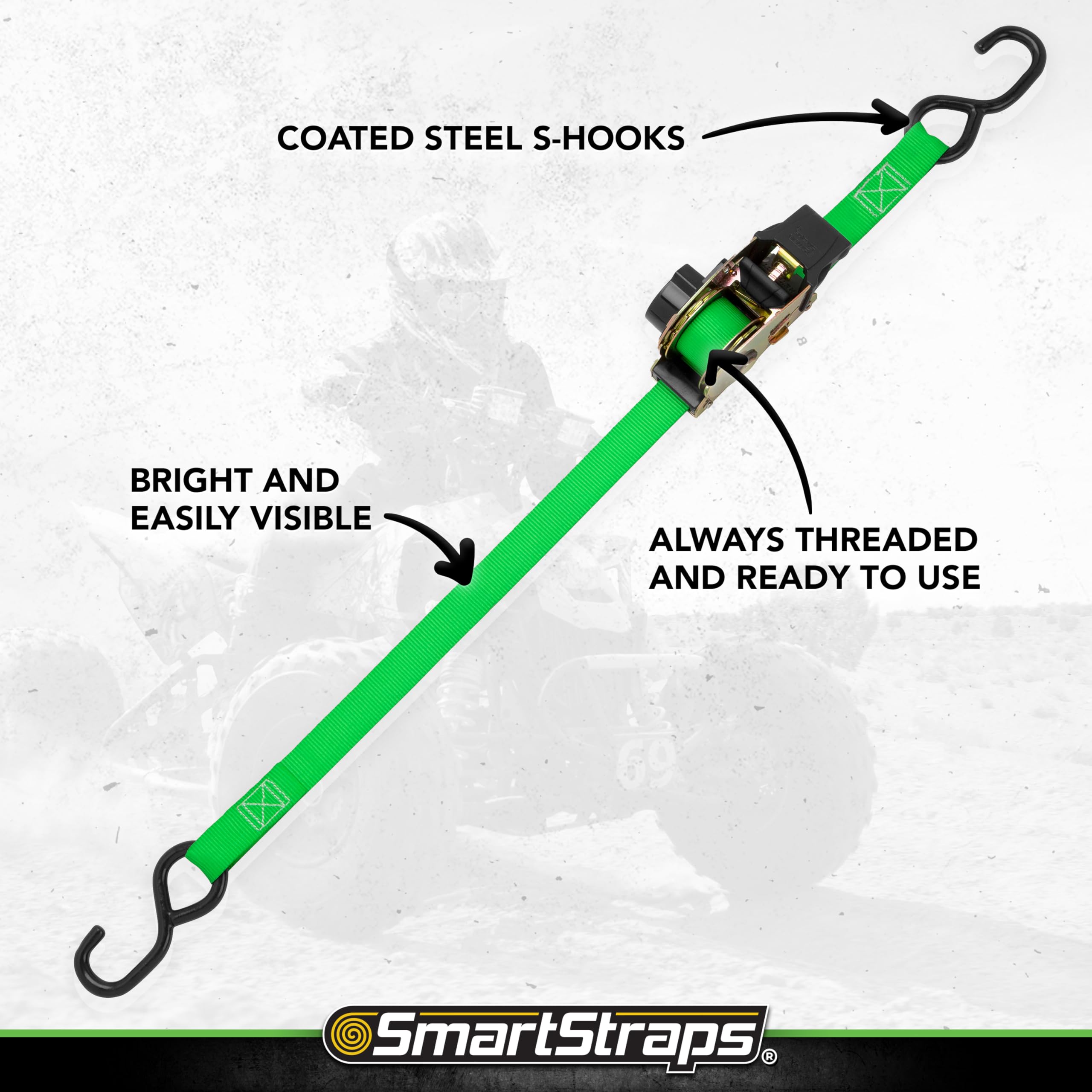 Retractable Ratchet Tie Down Straps SMARTSTRAPS (4 PK) 1,500lb Break Strength, 500lb Safe Work Load, Standard Duty, Secure and Haul ATVs, Lawn Tractors, Cargo, Boxes and Other Small Equipment