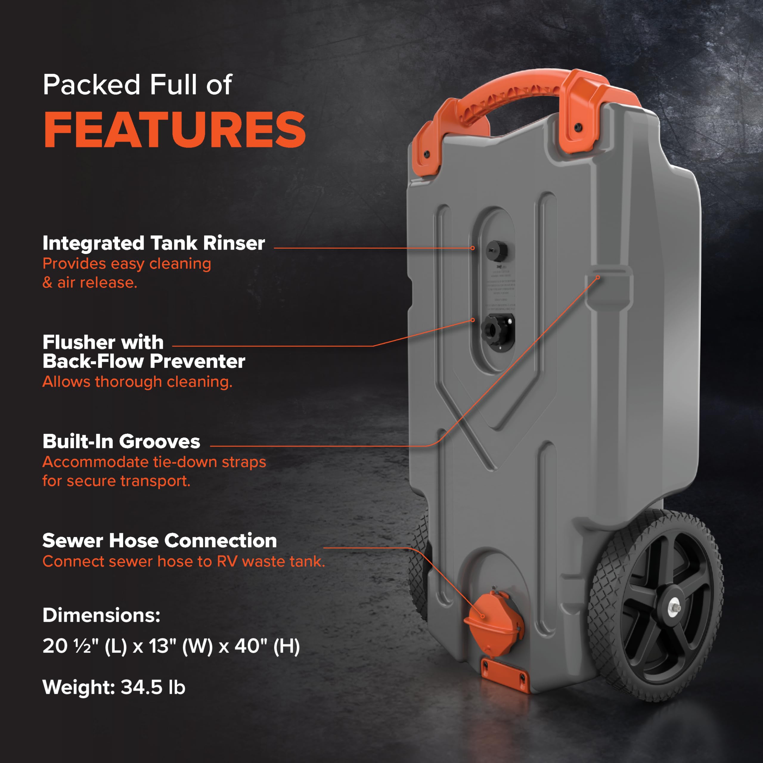 Camco 21-Gallon Rhino RV Portable Waste Tank - Features Large Heavy-Duty No-Flat Wheels & Low Drain Hole - Includes Removable Steel Tow Adapter, 3’ Sewer Hose & More RV Accessories (39002)