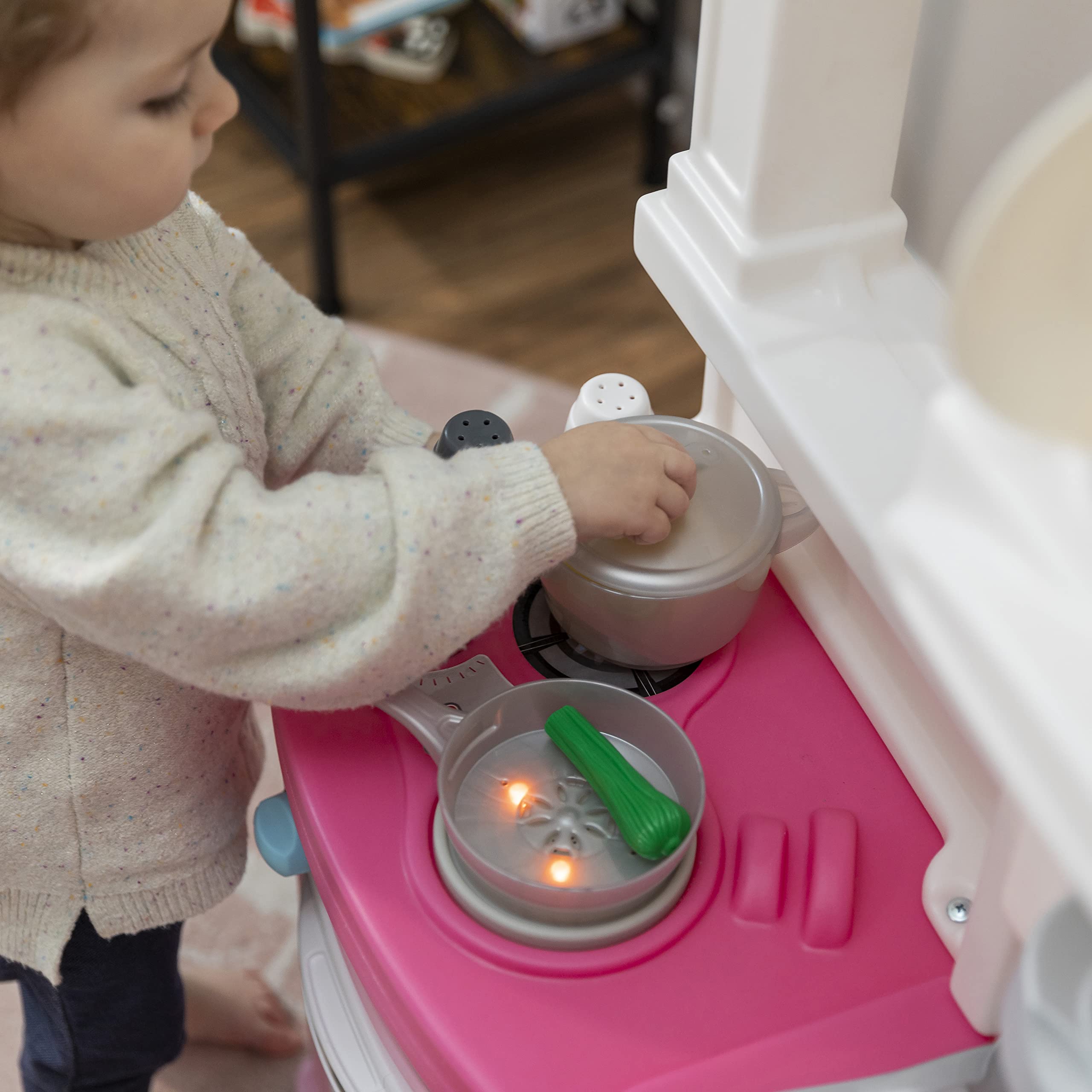 Step2 Fun with Friends Kitchen Playset Kids, Indoor/Outdoor Kitchenette, Interactive Play with Lights and Sounds, Durable Plastic, Includes 25 Piece Toy Accessories, Toddlers 2+ Years Old, Pink