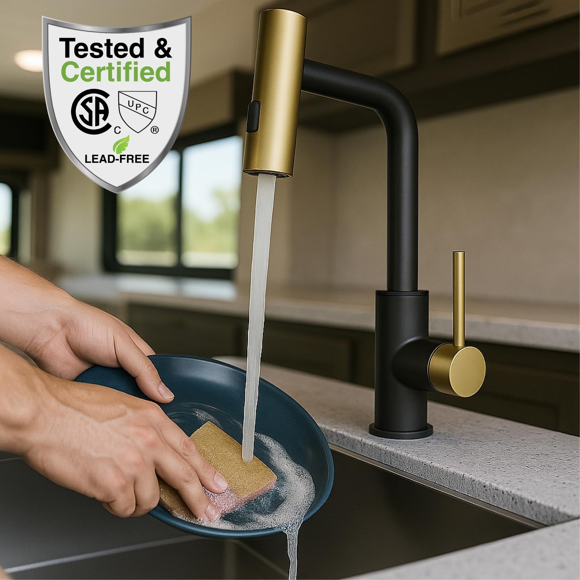 Dura Faucet Rainfall (DF-MK511X-MBMG) RV Kitchen Faucet – Matte Black/Matte Gold, Dual-Mode Rotating Spray Head (Wide Waterfall & Stream), Single Lever Handle, Lead-Free, Easy Install Sink Faucet