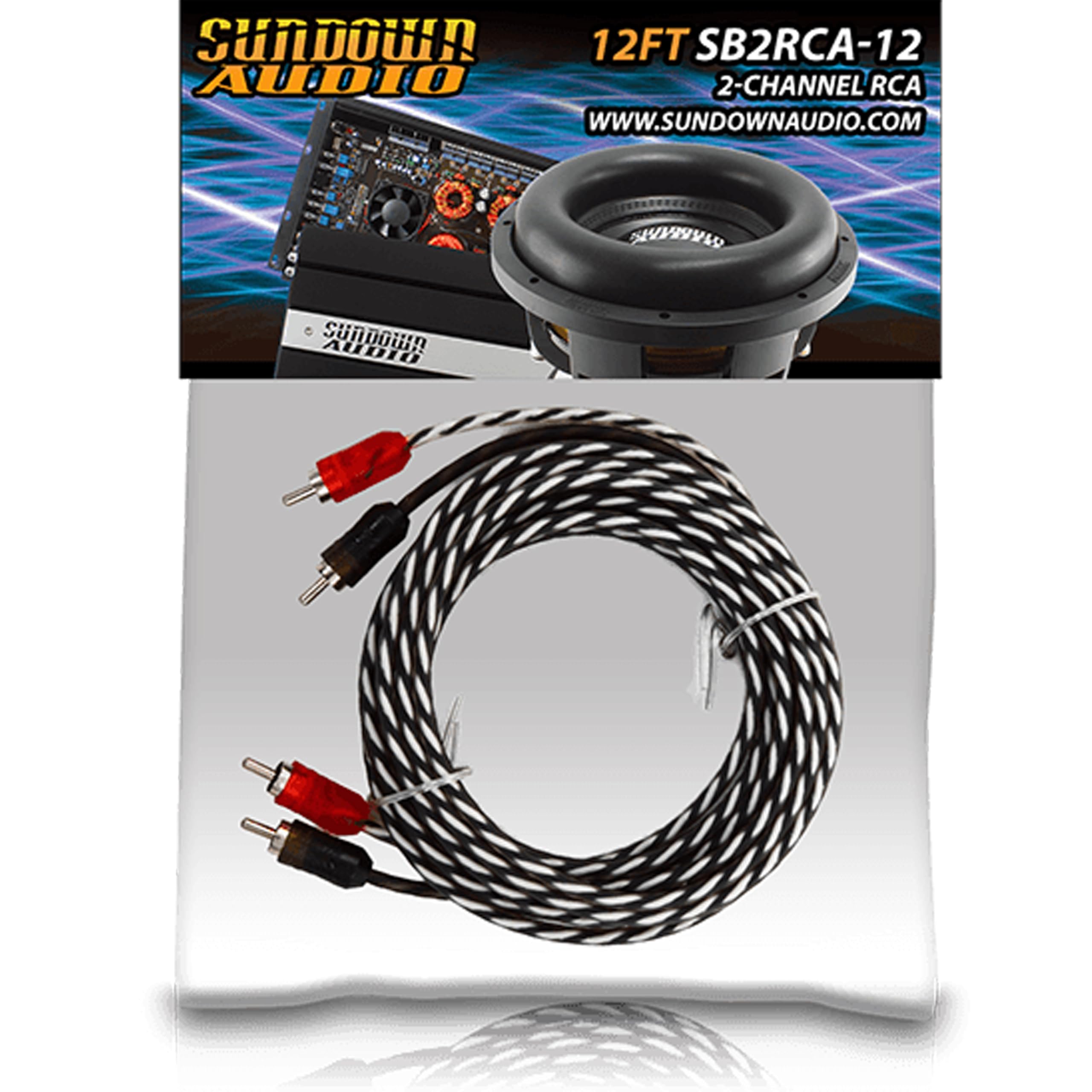 12FT Sundown Audio SB2-12 RCA Cable - 2 Channel Stereo Audio Interconnect, Twisted Pair, Solid Conductor, High-Fidelity Sound, Rugged PVC Jacket for Car & Home Theater