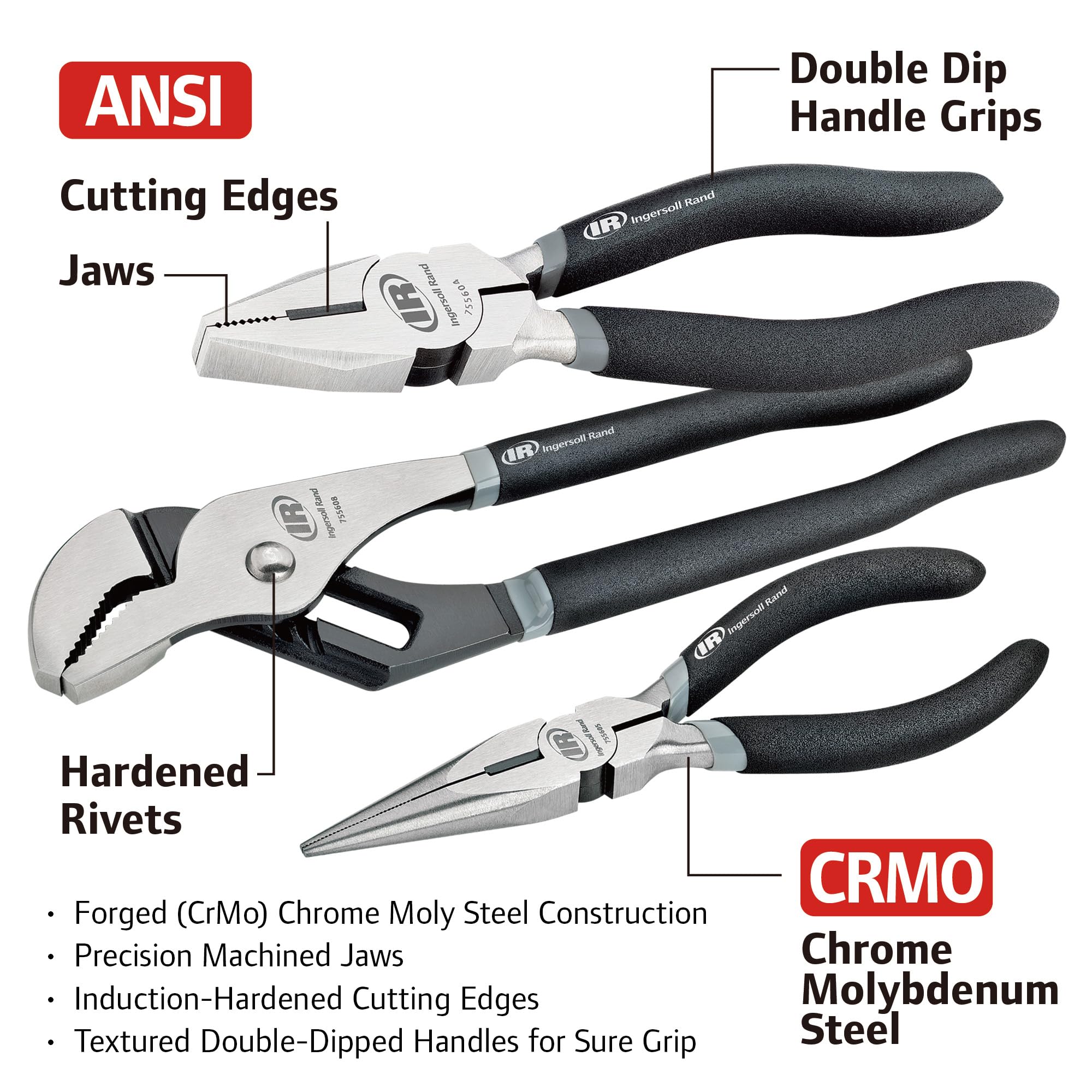 Ingersoll Rand Master 7 Piece Pliers Set with EVA Storage Tray, Chrome Moly Steel, Precision Machined Jaws, Includes Diagonal, Long Nose, Linesman, Slip Joint & Groove Joint Pliers – 752013