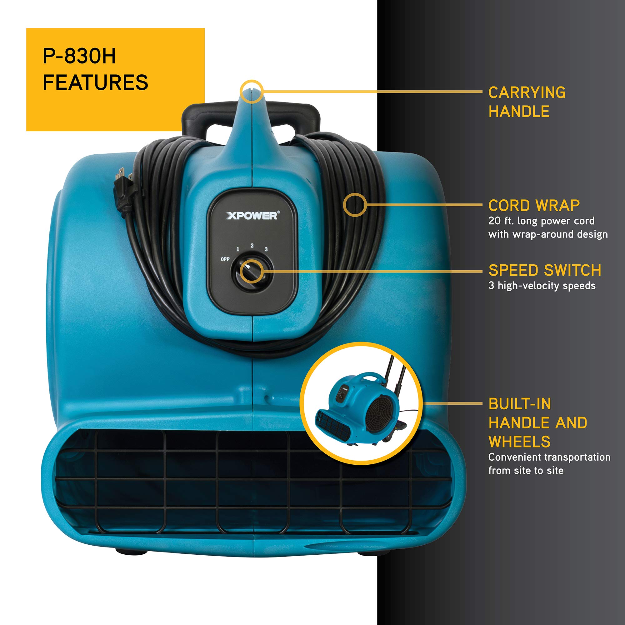 1 HP XPOWER P-830H 3600 CFM Centrifugal Air Mover, Carpet Dryer, Floor Fan, Blower, Telescopic Handle and Wheels, for Water Damage Restoration, Janitorial, Plumbing, Home Use