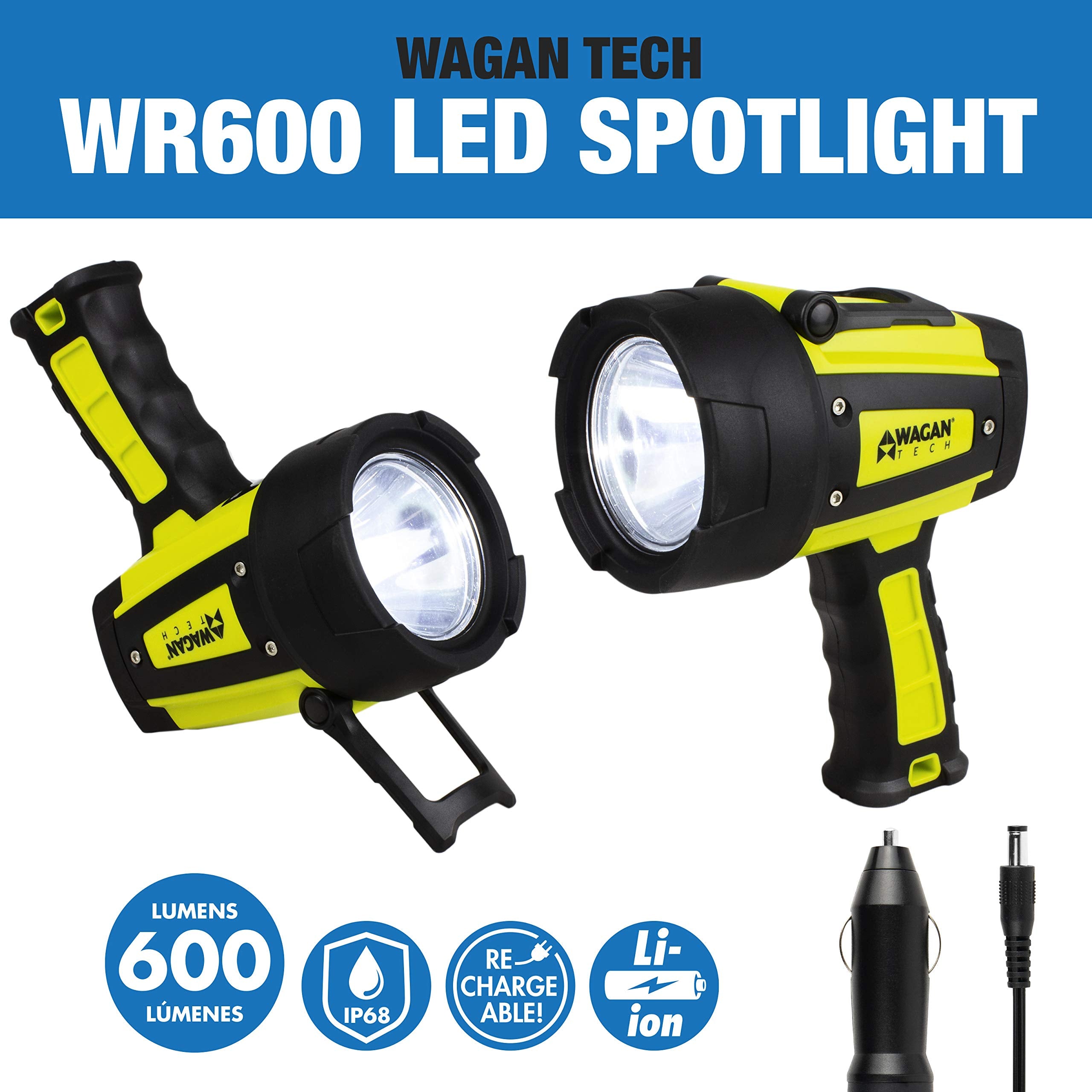 Wagan Brite-Nite EL4322 WR600 USB Rechargeable LED Handheld Spotlight 600 Lumen Lights 3 Lighting Modes 7 Position Hanging Stand Waterproof for Marine Boat Camping Country Farm Gift