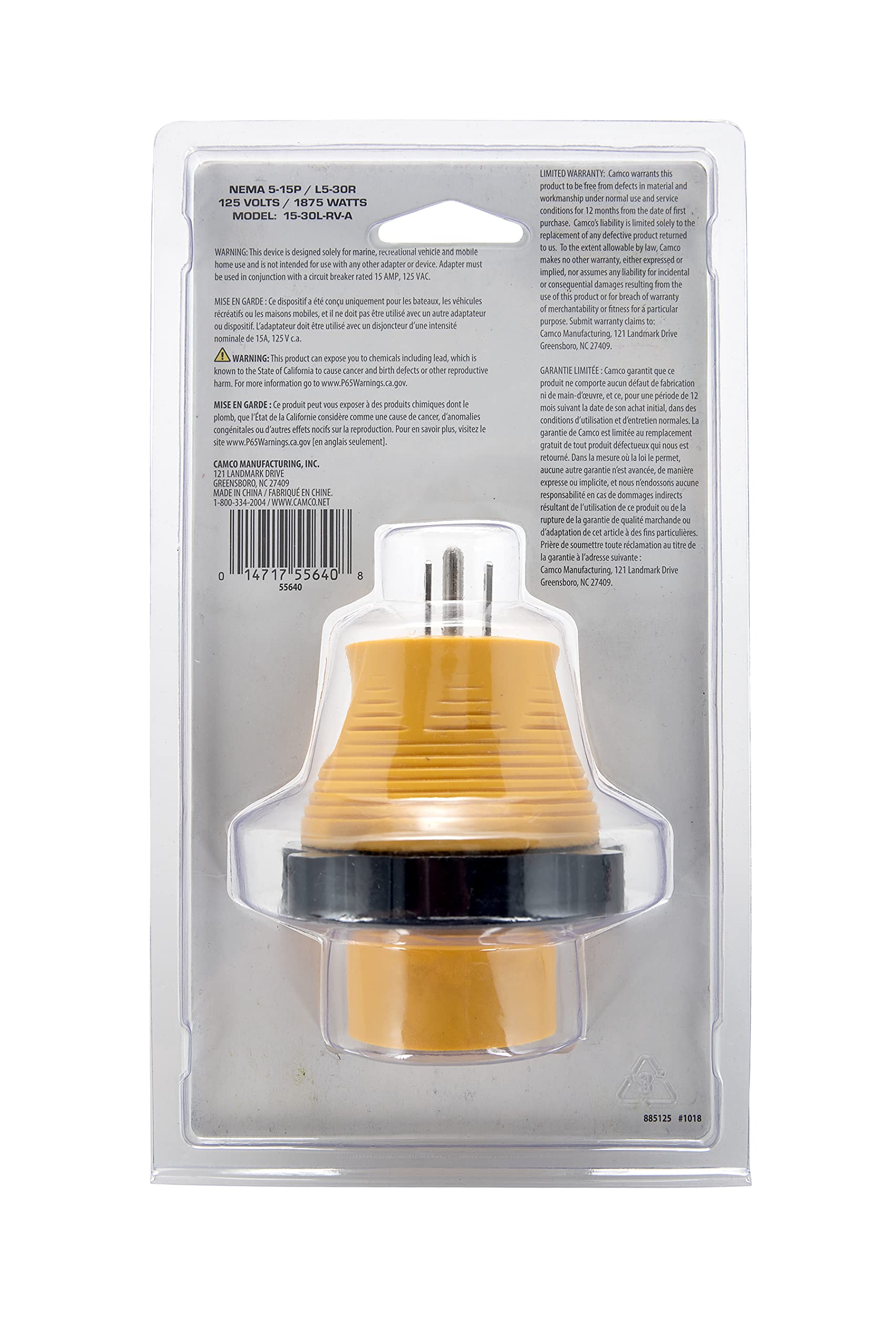 Camco 15A-30A Power Grip RV Locking Adapter | Compatible with 30-Amp Locking Plugs | Weatherproof Connection | Easy Outlet Removal | 125 Volt / 1875 Watt (55640)