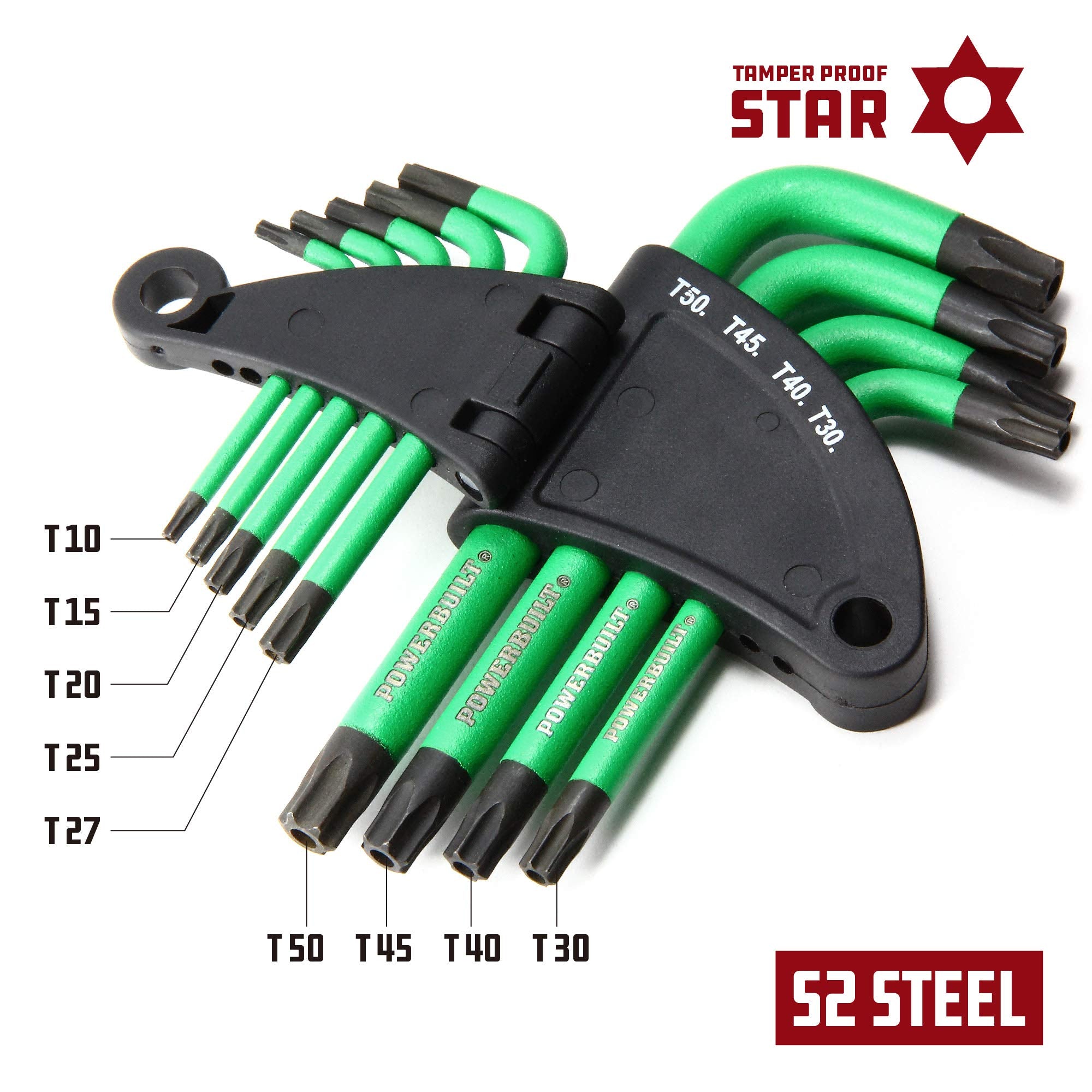 Powerbuilt 9 Piece L-Type Tamper Proof Wrench Set, Short Arm Torx Star Key, Non-Slip Handle, Hex Ball End, Holder - Green 941071