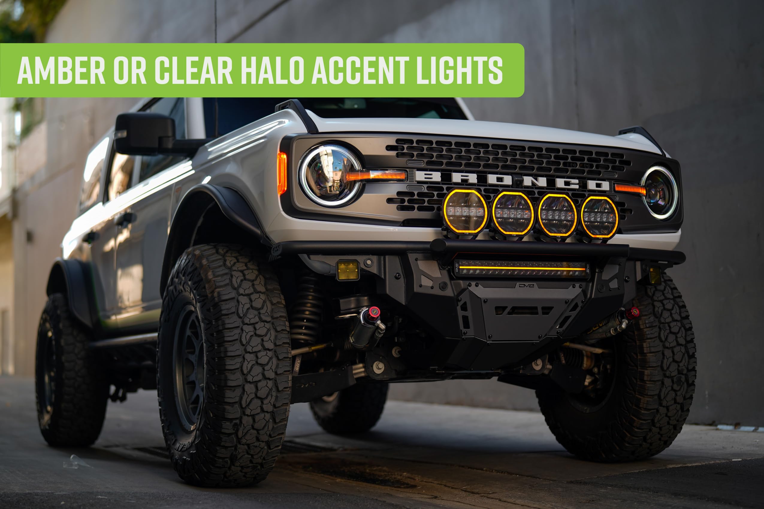 7-Inch DV8 Offroad Halo Elite Round Light with Accent Halo | Driving & Offroad Modes | Flood & Spot Light Pattern | 3,600 Lumens | 5700K Color | Amber or Clear Accent Halo | IP 68 Rated