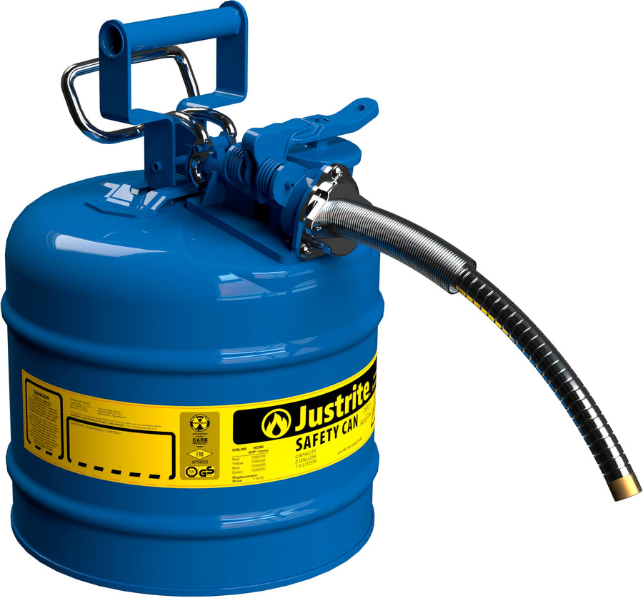 2 Gallon Justrite Type II Blue Safety Can for Kerosene with Flame Arrester, Self-Closing Lid, and 5/8" Flexible Metal Spout, Made in the USA, Galvanized Steel Flammable Storage Can, 7220320