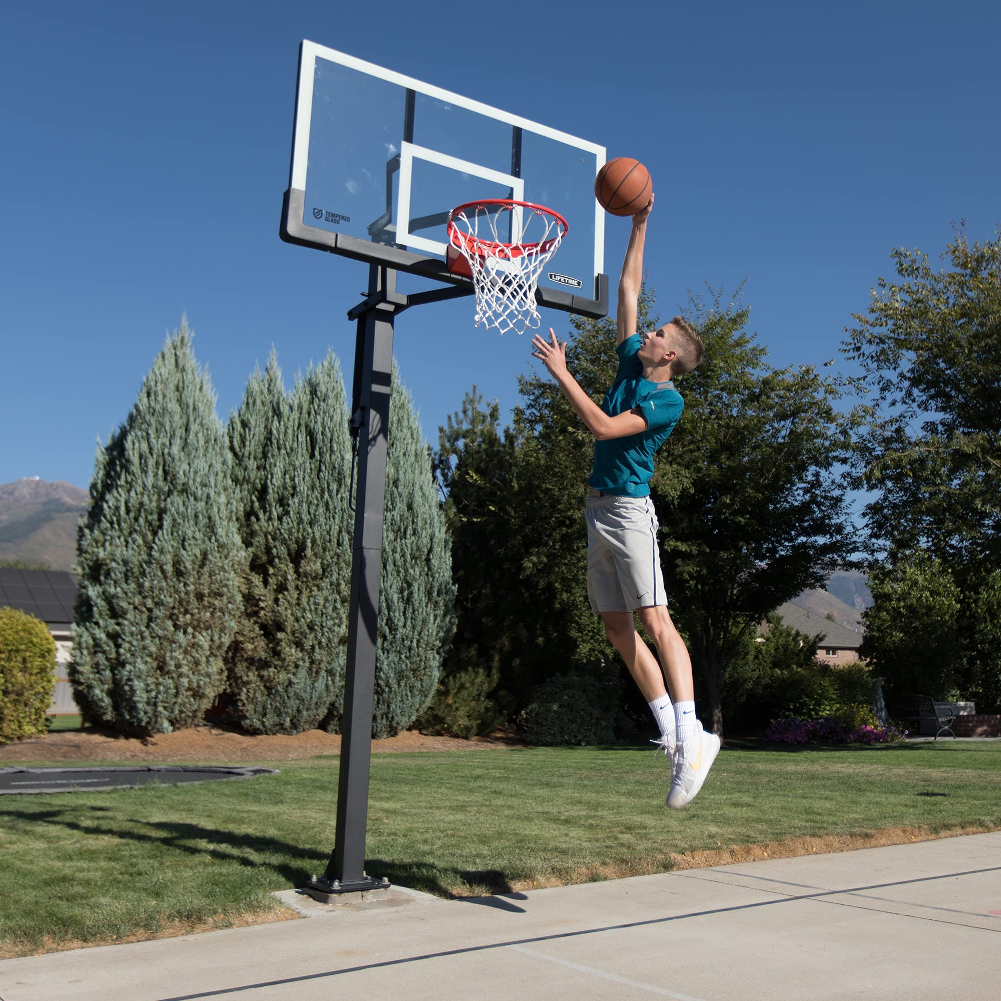 Crank Adjust Lifetime Bolt Down Basketball System, Tempered Glass Backboard, 60"