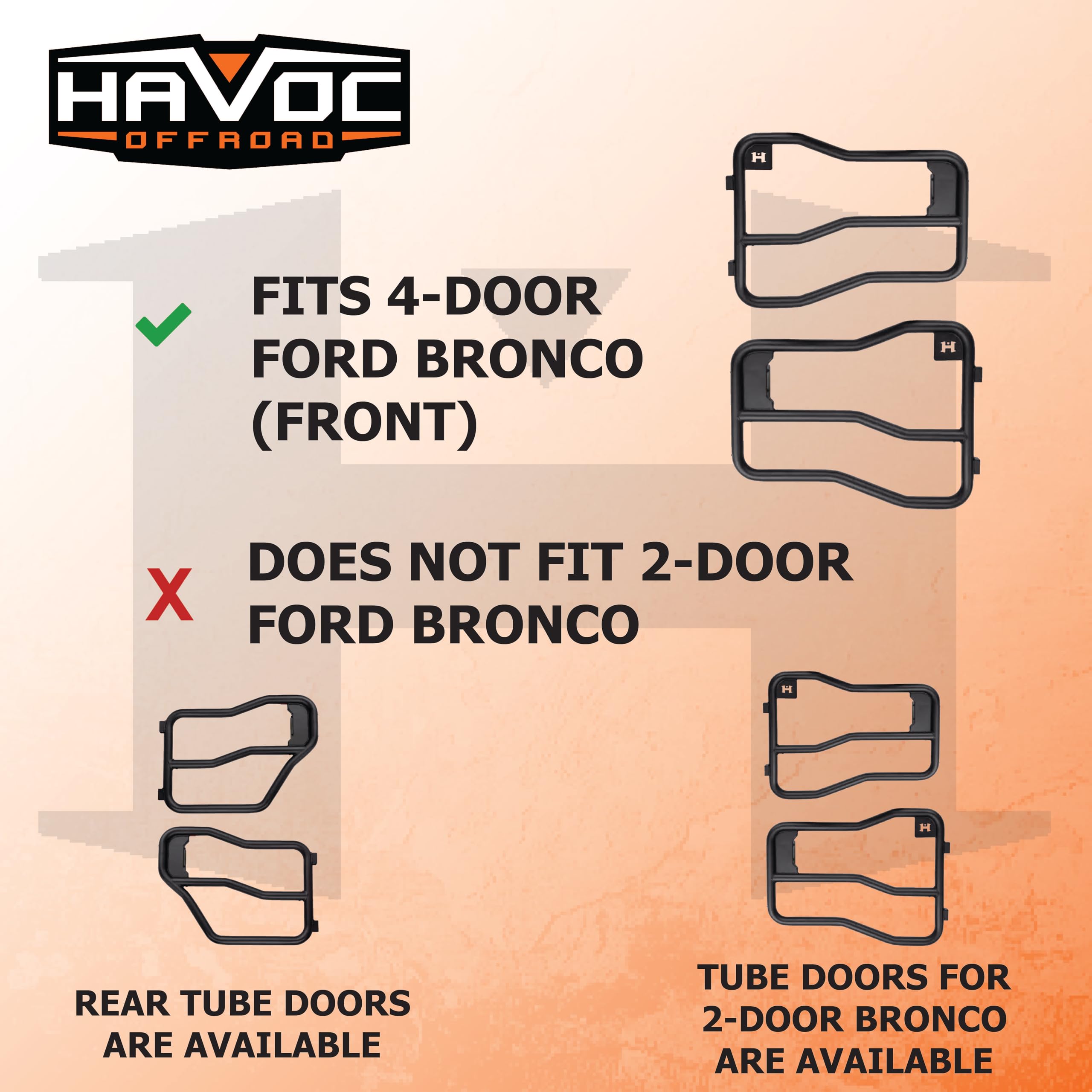 Front Tube Doors HAVOC OFFROAD for Ford Bronco | Steel, Black, No Drill, Pair | HFB-10-002 | 2021-2025 Ford Bronco, 4-Door