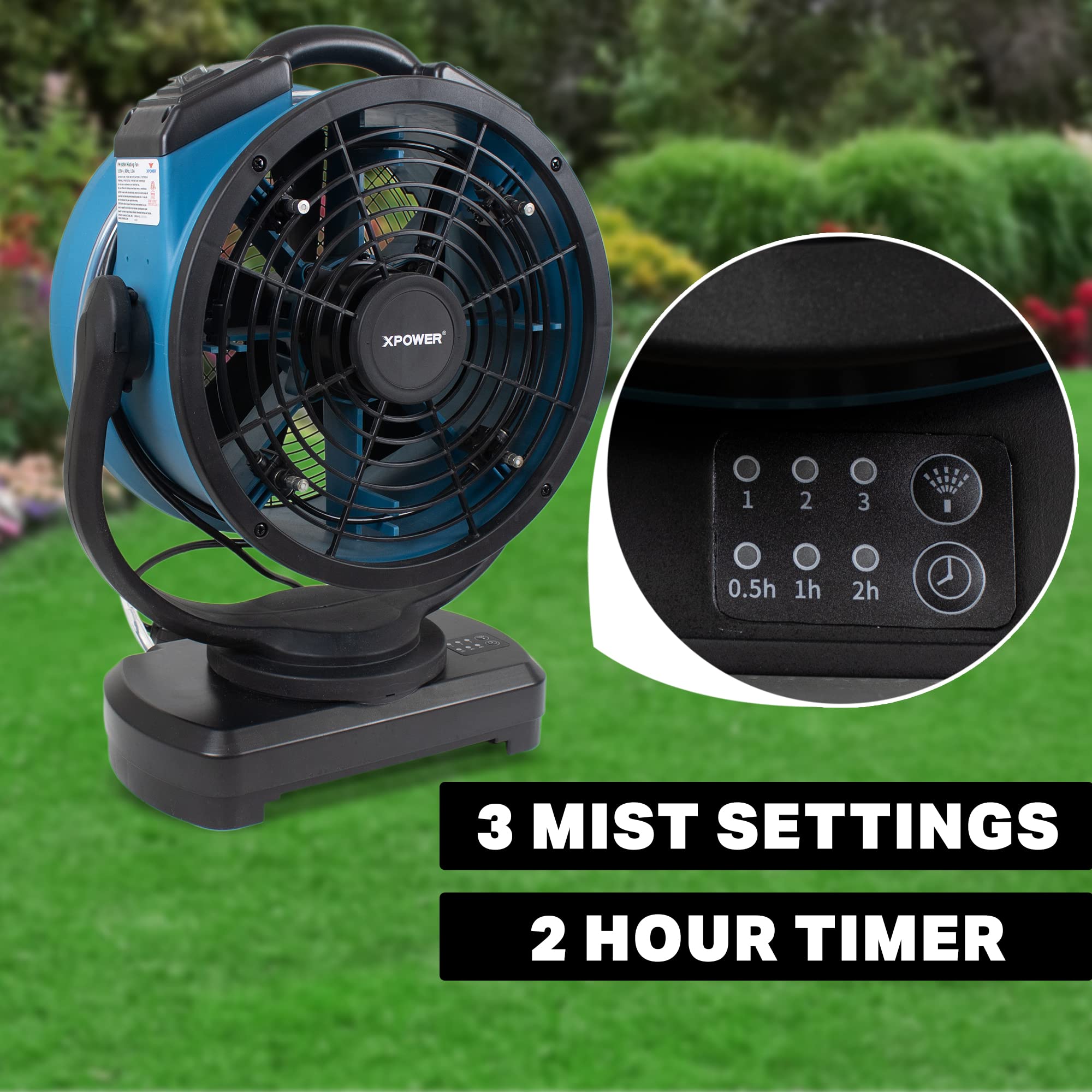 FM-88W XPOWER Misting Fan w/Water Pump, Mounts on 24 Gal Wheeled Reservoir, Cooling, Oscillating, High Velocity, 3-Speed, Industrial, 9 In