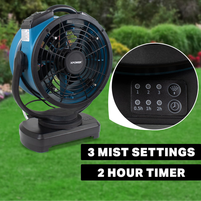 FM-88W XPOWER Misting Fan w/Water Pump, Mounts on 24 Gal Wheeled Reservoir, Cooling, Oscillating, High Velocity, 3-Speed, Industrial, 9 In
