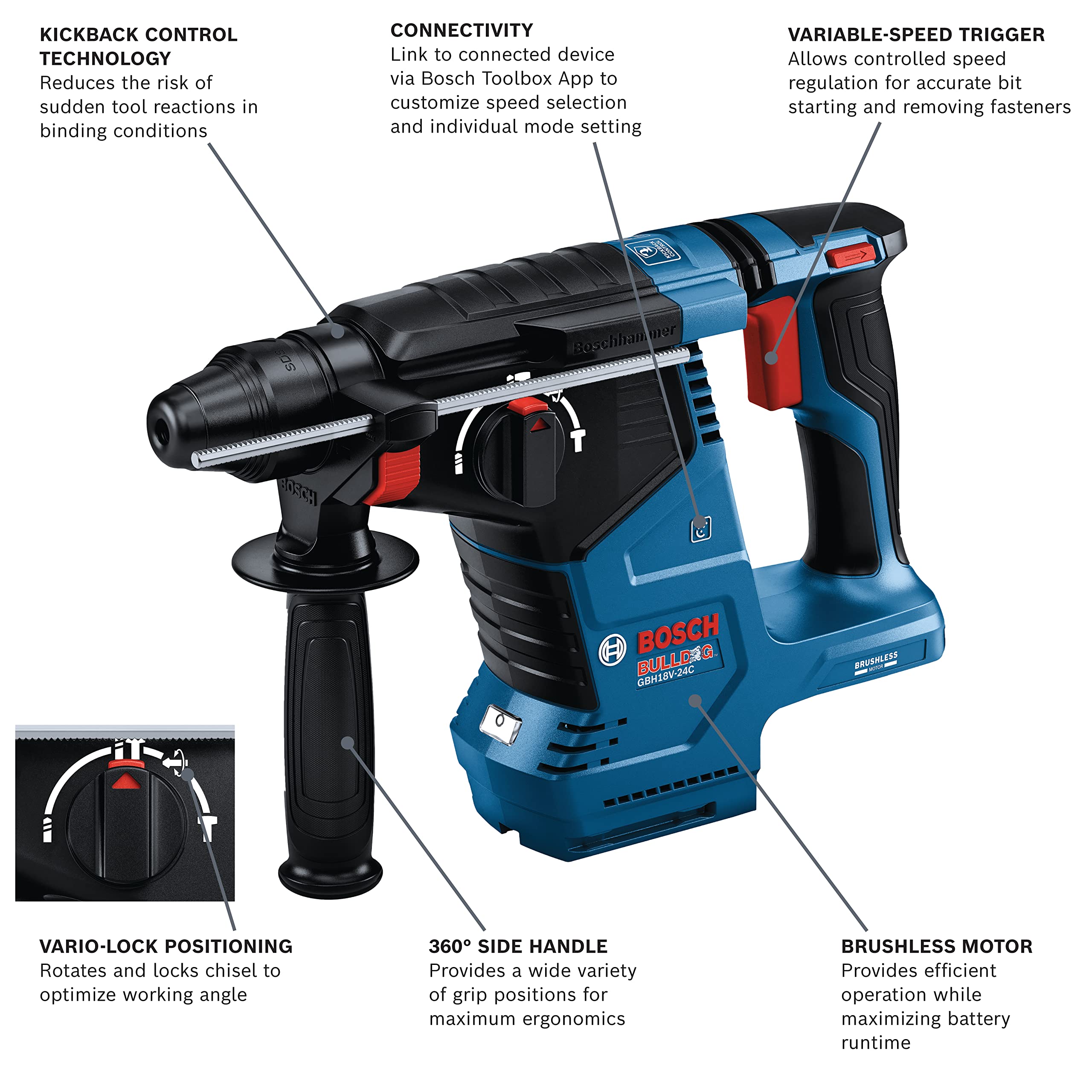 BOSCH 18V GBH18V-24CN Brushless Connected SDS-plus® Bulldog™ 1 In. Rotary Hammer (Bare Tool)