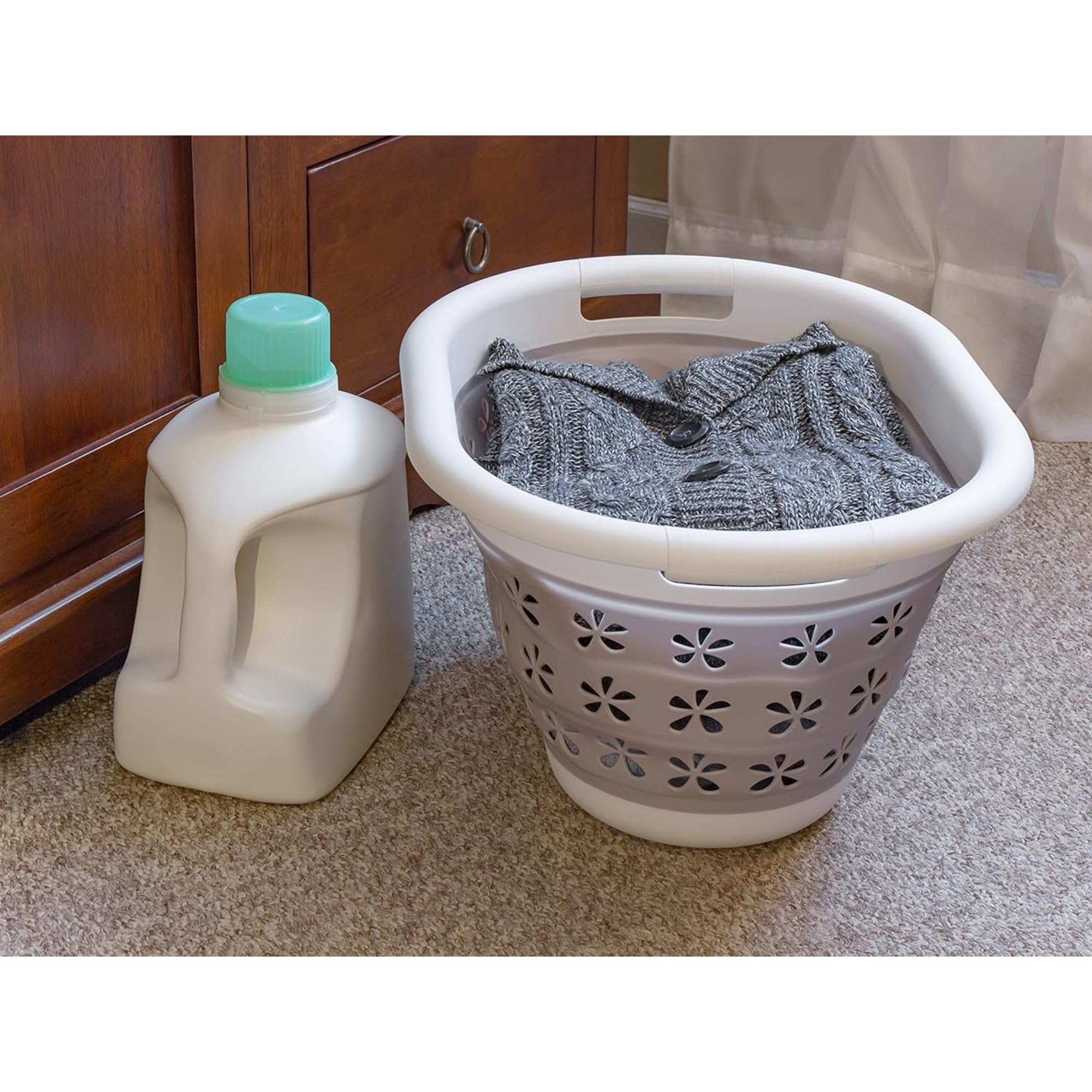 Collapsible Camco Laundry Basket | Features Simple Pop-Open & Collapse-Down Design | Waterproof for Easy Clean-Up | Measures 14.5” x 19.75” x 2.5”/10” Collapsed/Expanded, Taupe & White (51951)
