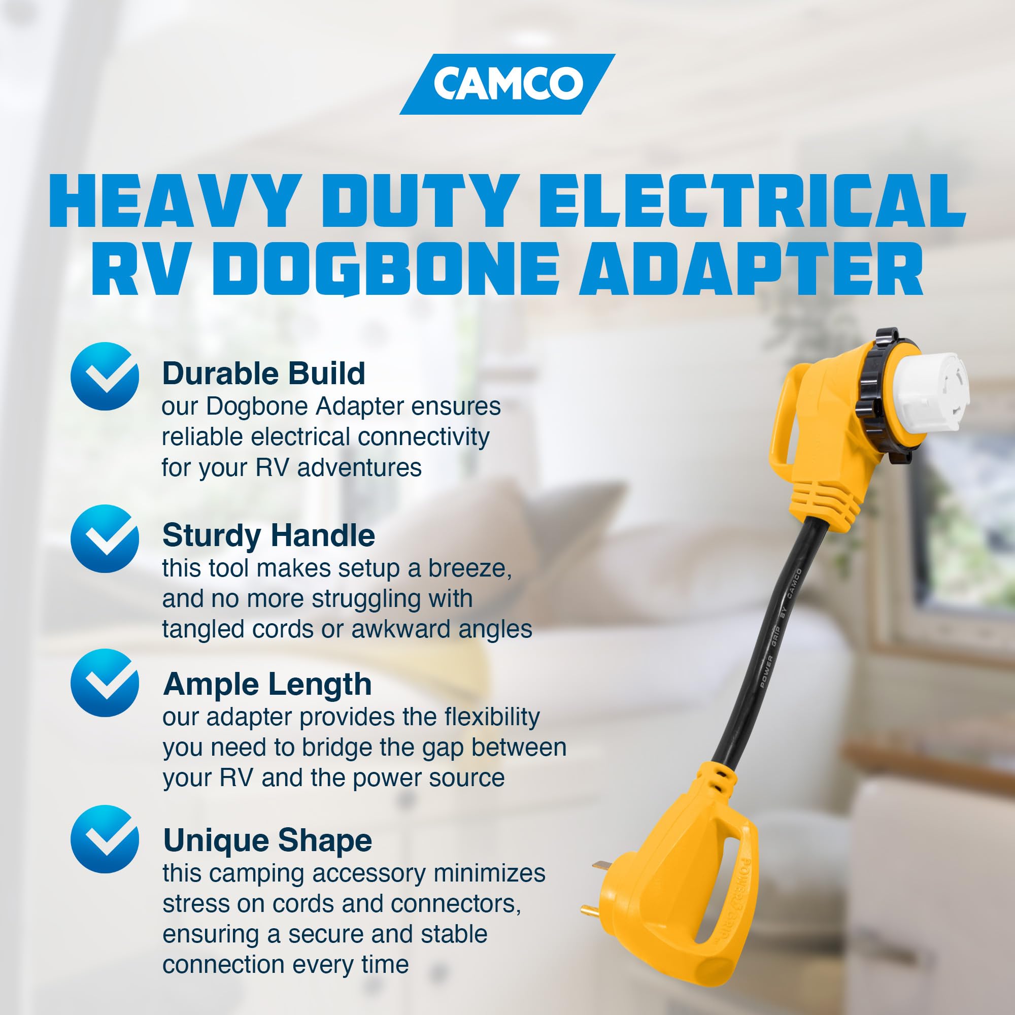 Camco - 21052 PowerGrip Heavy Duty Locking Female Adapter with Innovative 90 Degree Bend Design - 50 AMP Standard Male / 50 AMP 18" (55562)