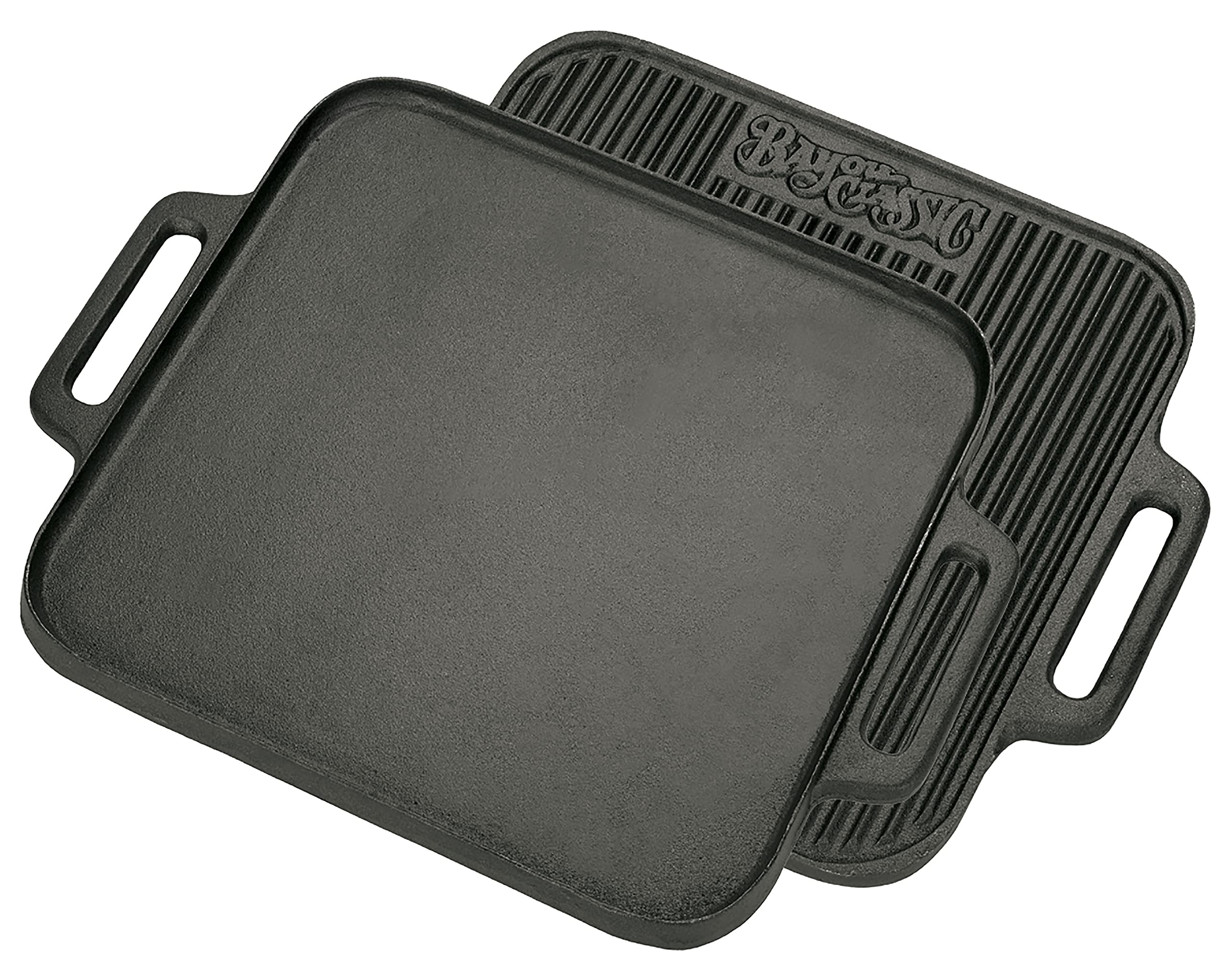 14-in Bayou Classic Cast Iron Reversible Square Griddle Features Flat Side and Ribbed Grill Side Perfect For Large Batch Breakfast Burgers and Grilled Sandwiches Steaks and Chicken