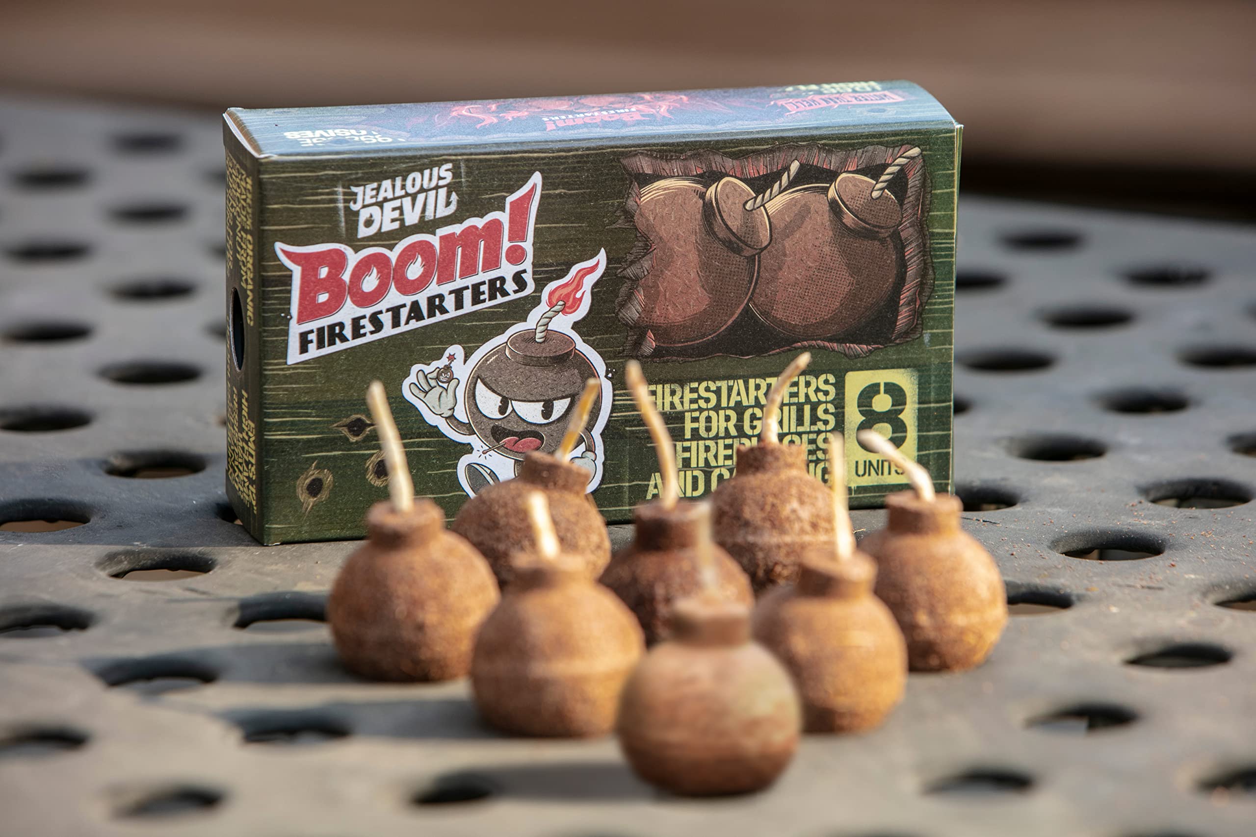 Jealous Devil Firestarters Boom! 8 Pack, 100% Natural Made from Coconut Fiber, No Smoke and Odorless, Waterproof, 20-Minute Long Burn for BBQ Lump Charcoal, Briquettes, Fireplace, Camping and More