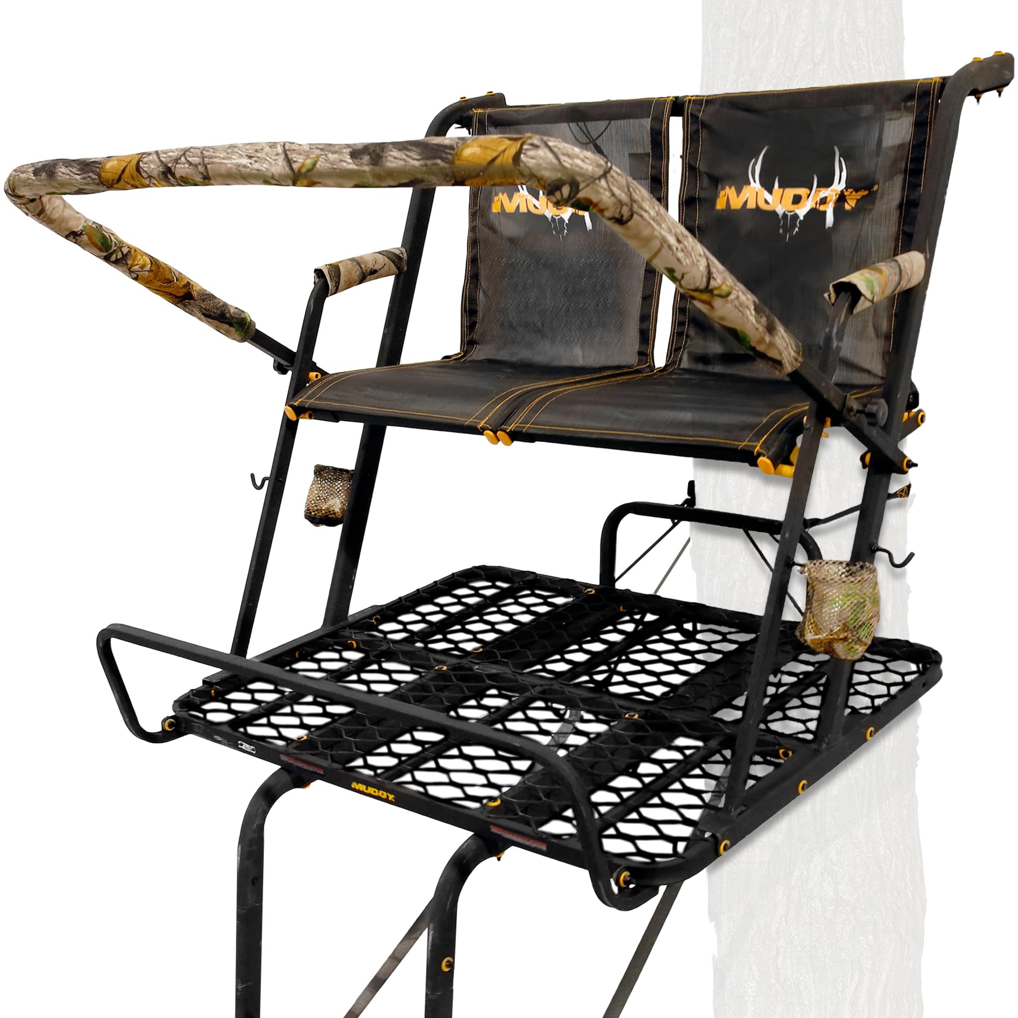 2-Person Muddy Ladder Tree Stand for Deer Hunting, The Partner, 17' Tall, Black - Adjustable Climbing Treestand with Platform, Straps and Safety Harness for Shooting
