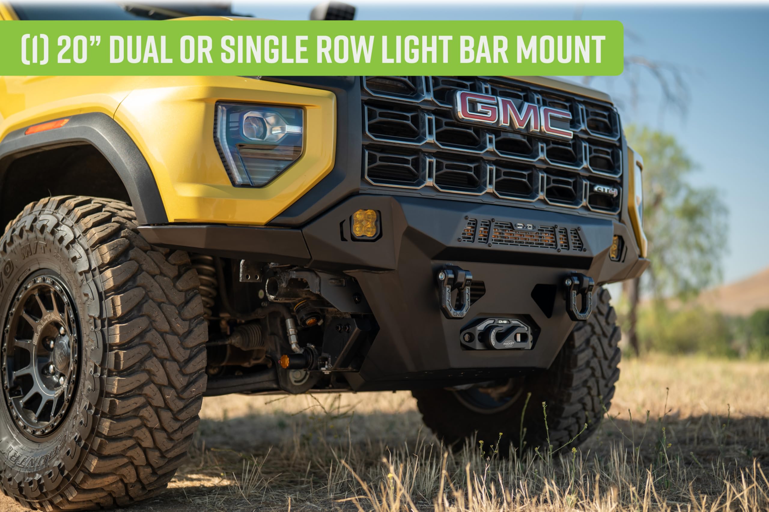 Offroad DV8 Spec Series Front Bumper for 2023-2025 GMC Canyon | Heavy-Duty Winch Mount | (1) 20" Light Bar Mount | Pair of 3" Pod Light Mounts | (2) 1" Thick D-Ring Mounts | Front Skid Plate | Steel