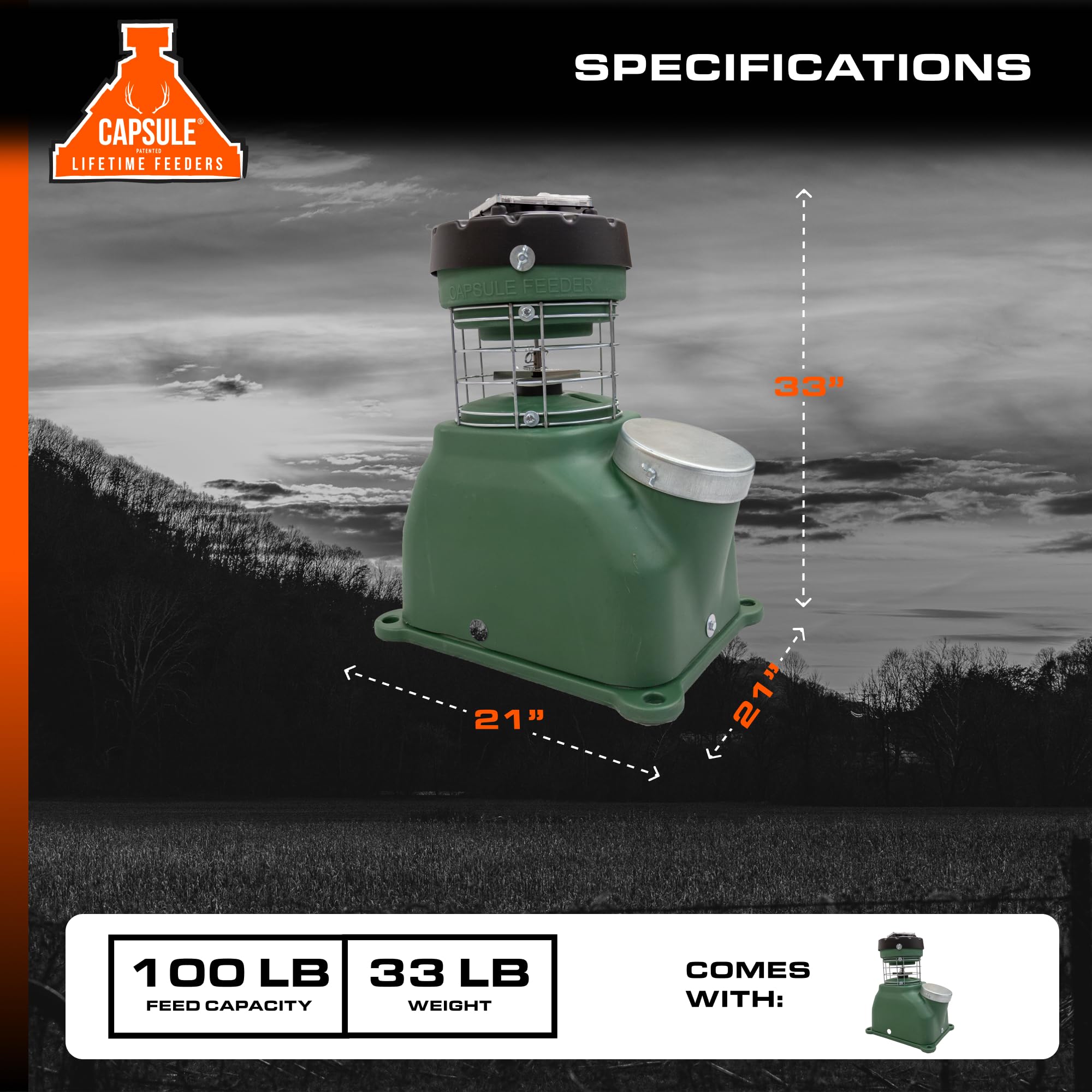 Game Feeder Capsule Feeder with 100LB Capacity, 360-Degree Broadcast Hunting Game Feeder