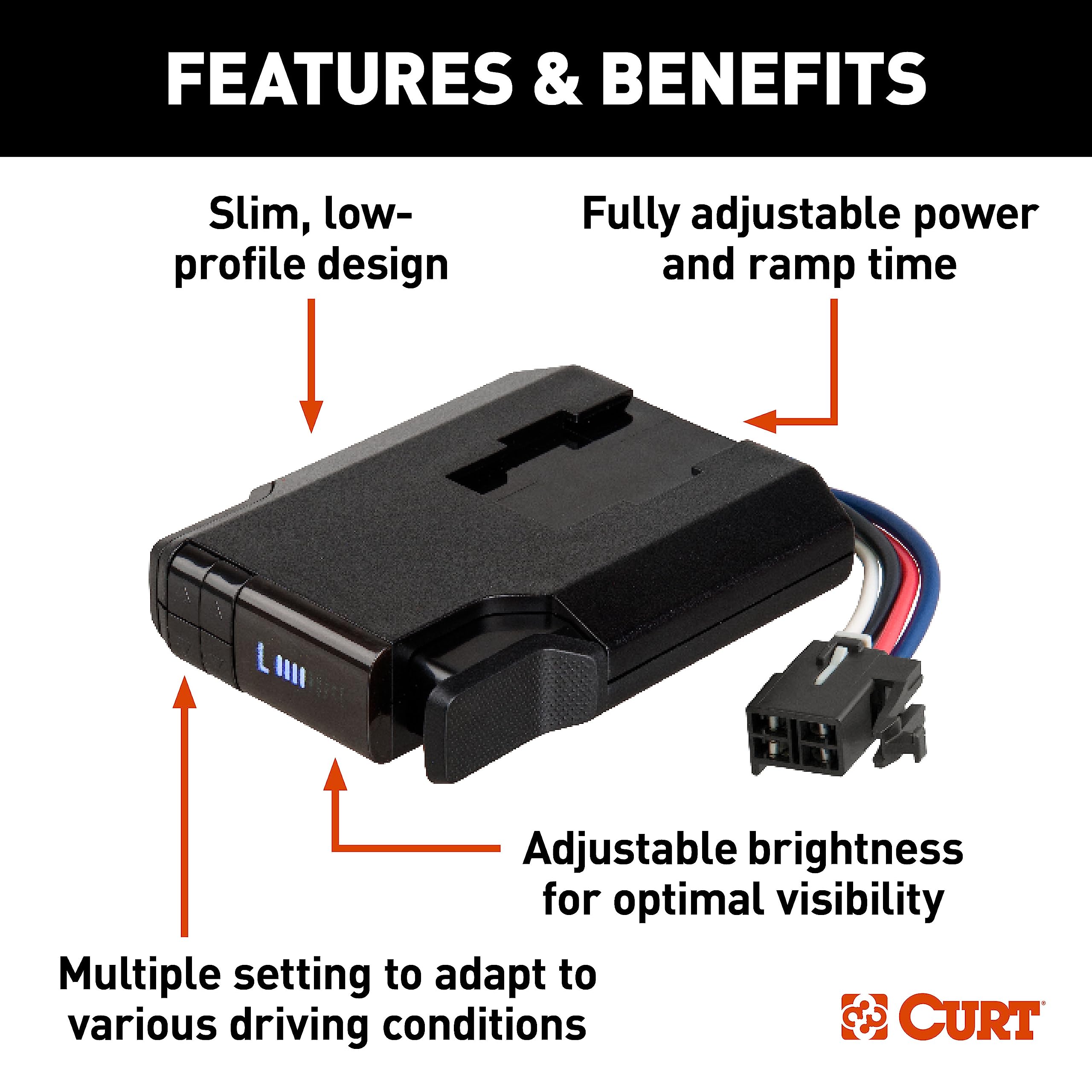 CURT Venturer Next 51116 Electric Trailer Brake Controller, Time-Delay, Fully Adjustable, Low Profile, 1-3 Axles, Plug-and-Play