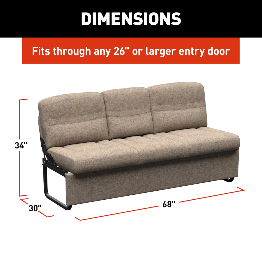 Dellmead RV Jackknife Sleeper Sofa Thomas Payne Signature 68" with Matching Kickboard, Easy Transition, High-Density Foam Cushioning, Fold-Down Center, Dual Cupholders - 2024044399