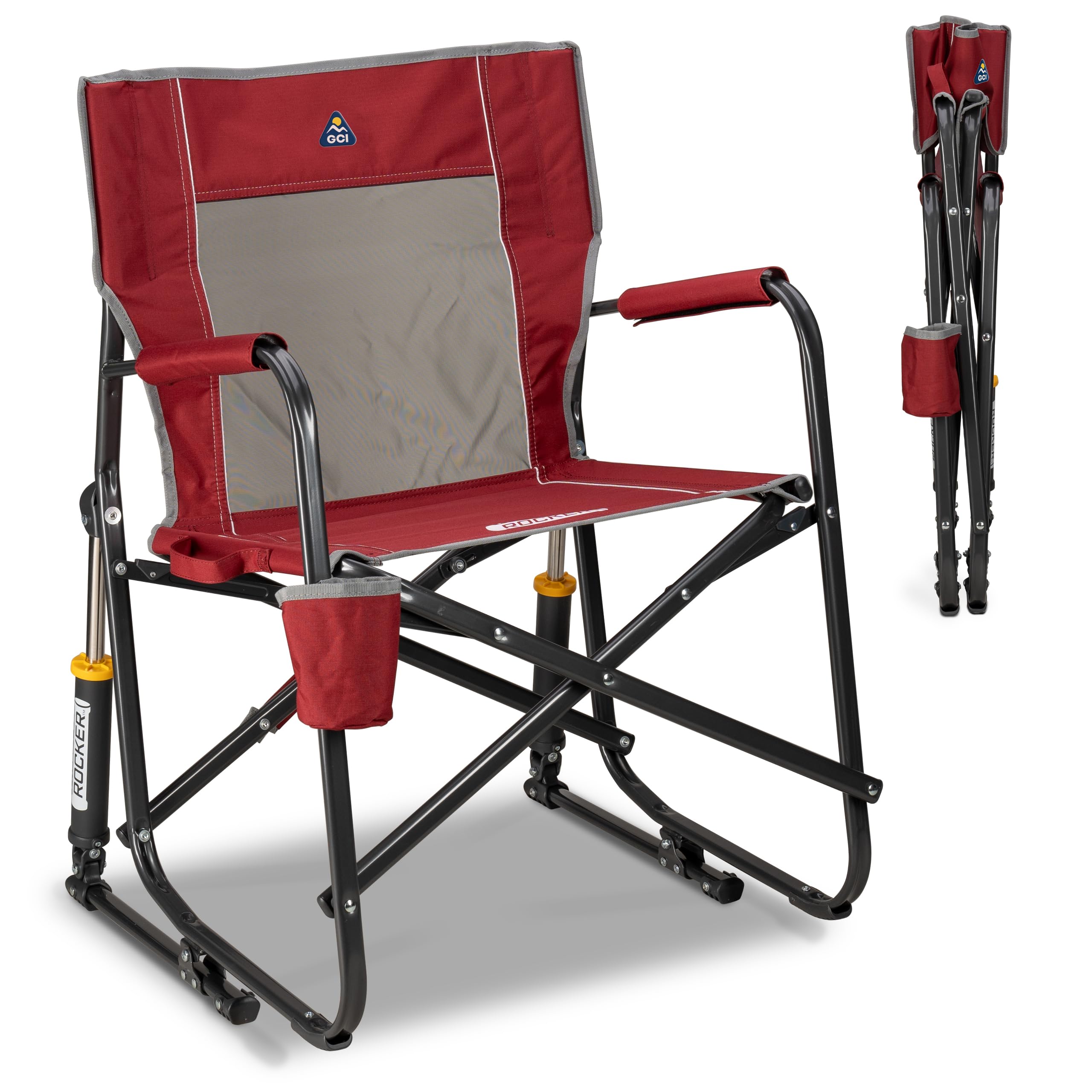 GCI Outdoor Camping Chair Freestyle Rocker | Portable Folding Rocking Chair with Solid, Durable Armrests, Drink Holder & Comfortable Backrest — Cinnamon