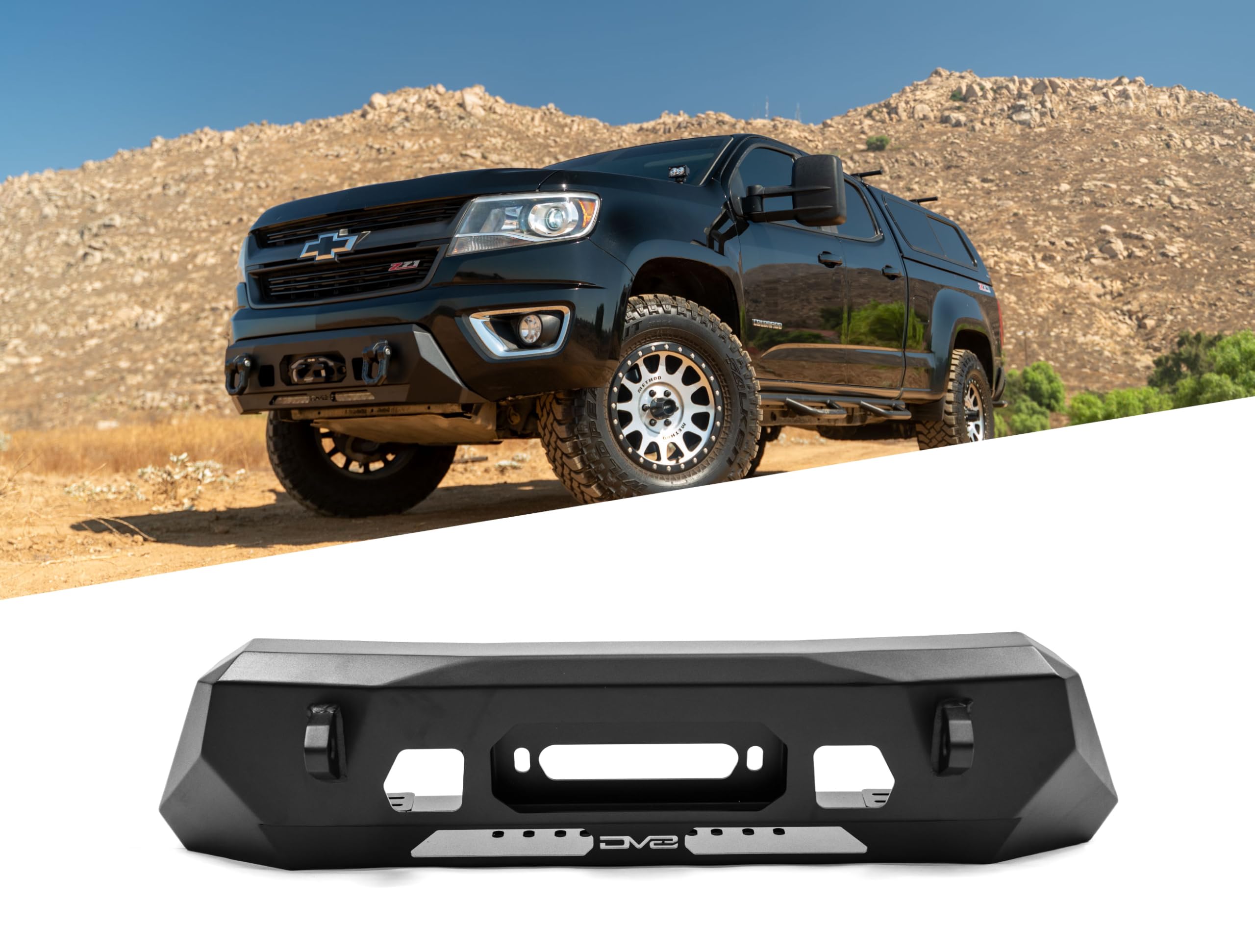 Centric DV8 Offroad Front Bumper for 2015-2020 Chevy Colorado | Center Mount Design | (1) 20" Light Bar Mount | Heavy-Duty Winch Mount | Pair of D-Ring Mounts | (2) 3" Pod Light Mounts | Steel