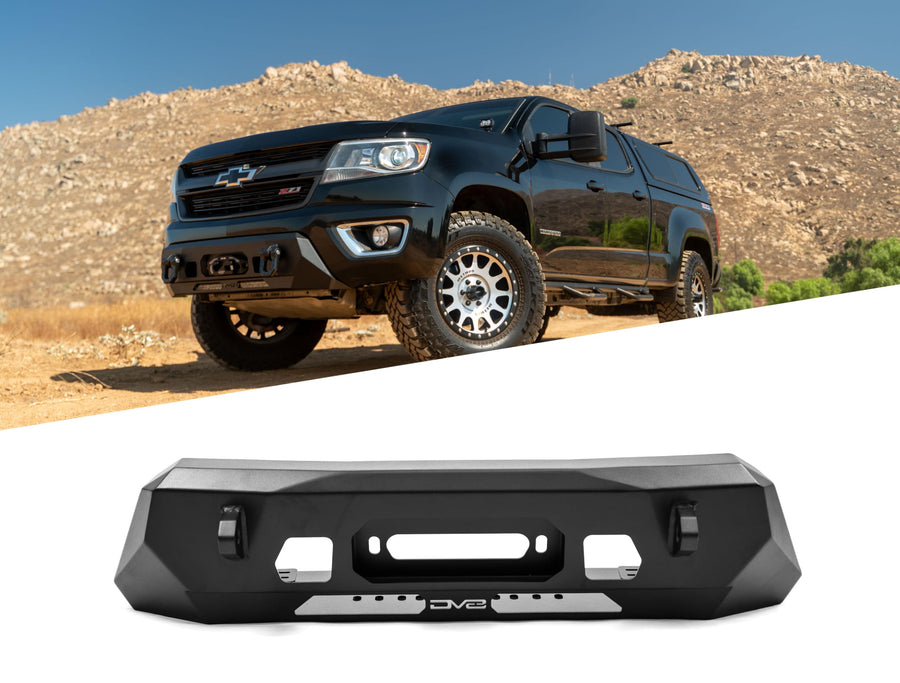 Centric DV8 Offroad Front Bumper for 2015-2020 Chevy Colorado | Center Mount Design | (1) 20" Light Bar Mount | Heavy-Duty Winch Mount | Pair of D-Ring Mounts | (2) 3" Pod Light Mounts | Steel