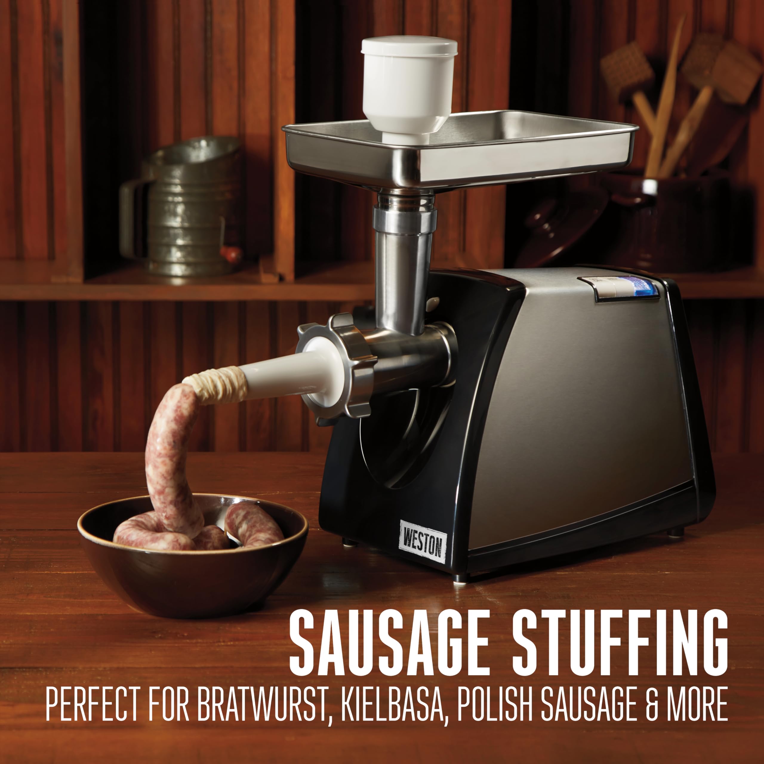 Electric Weston Meat Grinder & Sausage Stuffer, #8 650 Watt, 7/8 HP Motor, Grinds 3 lbs Per Minute, Includes Stainless Steel Grinding Plates, Stainless Steel (33-0801-W)