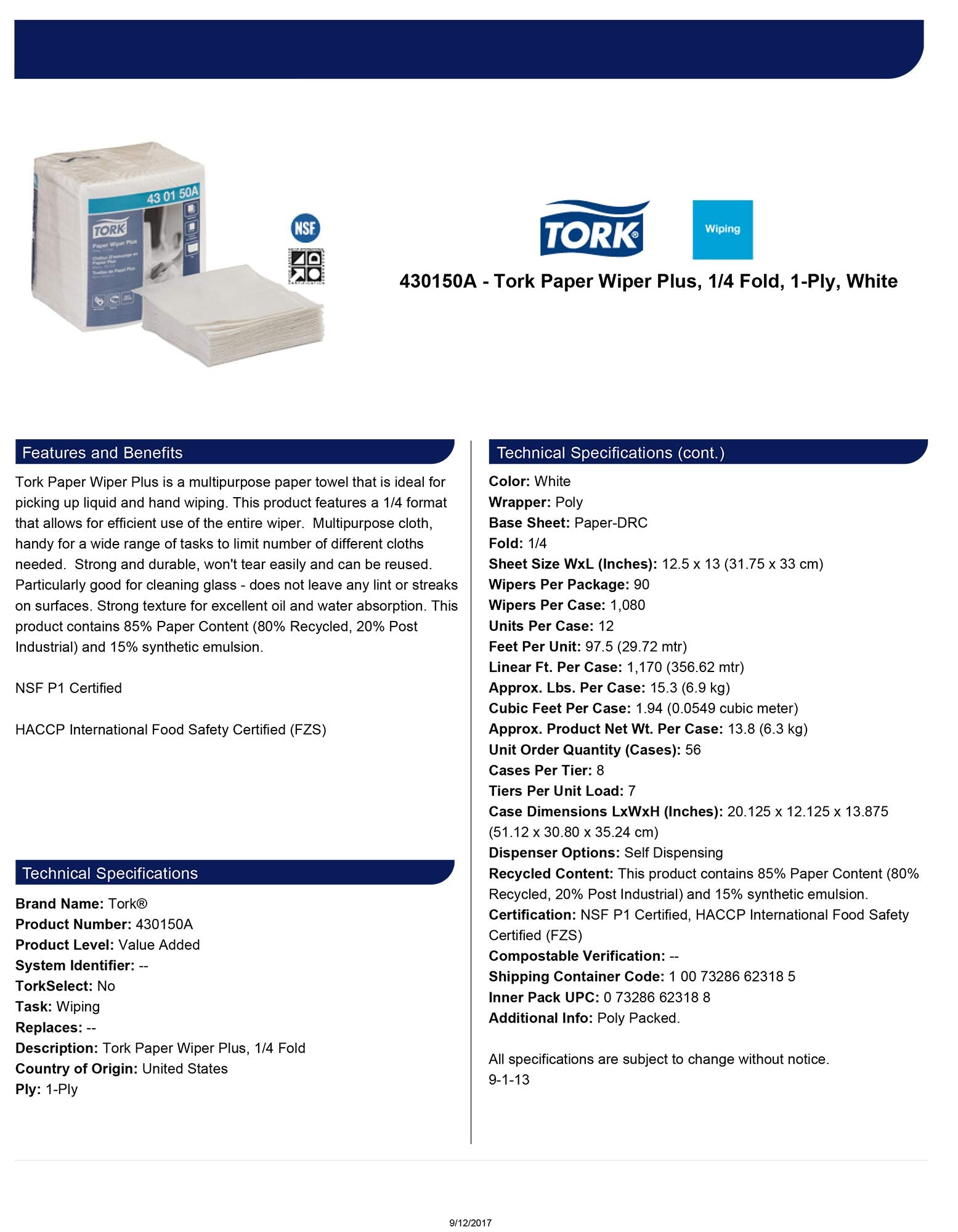 White Tork Paper Wiper Plus Self Dispensing, 1/4 Fold, 430150A