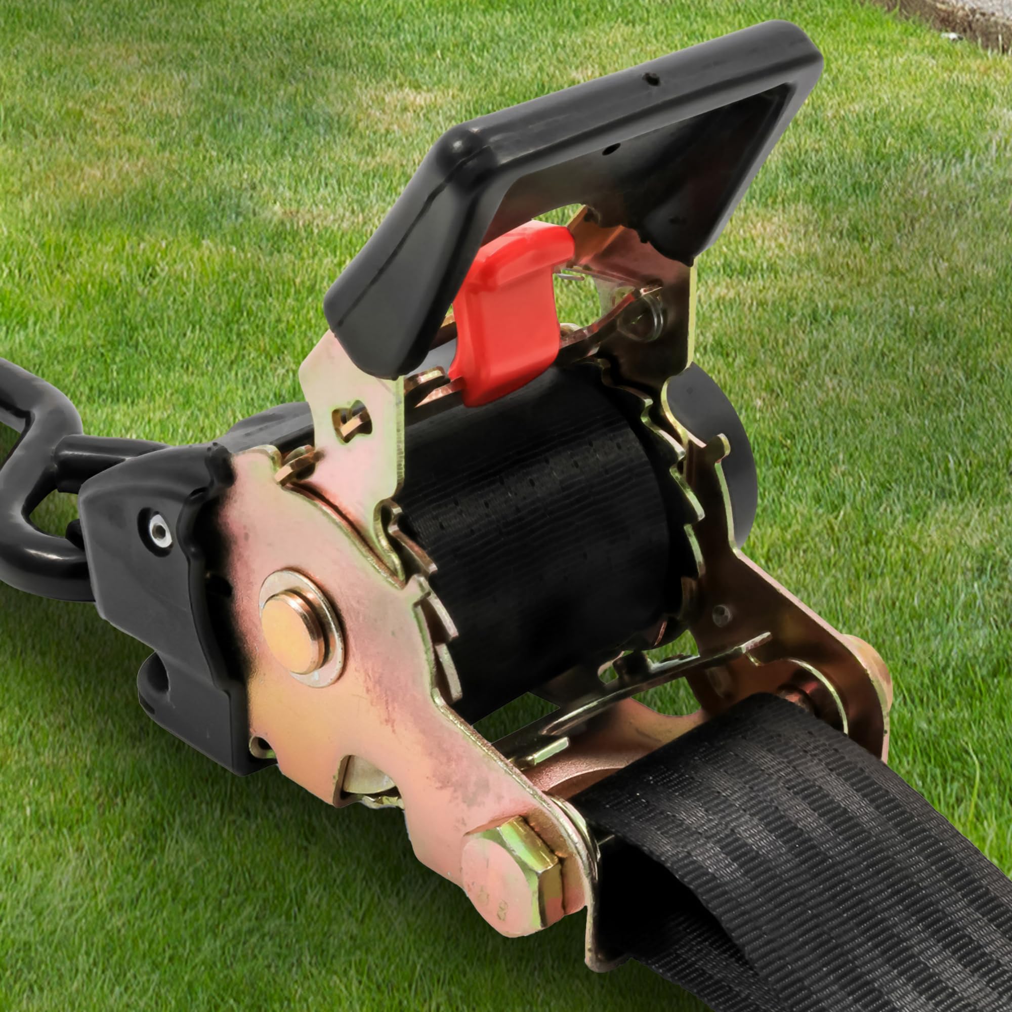 Retractable Camco 50030 Tie Down Strap (2” Width, 5.5’, Bolt-On), Black