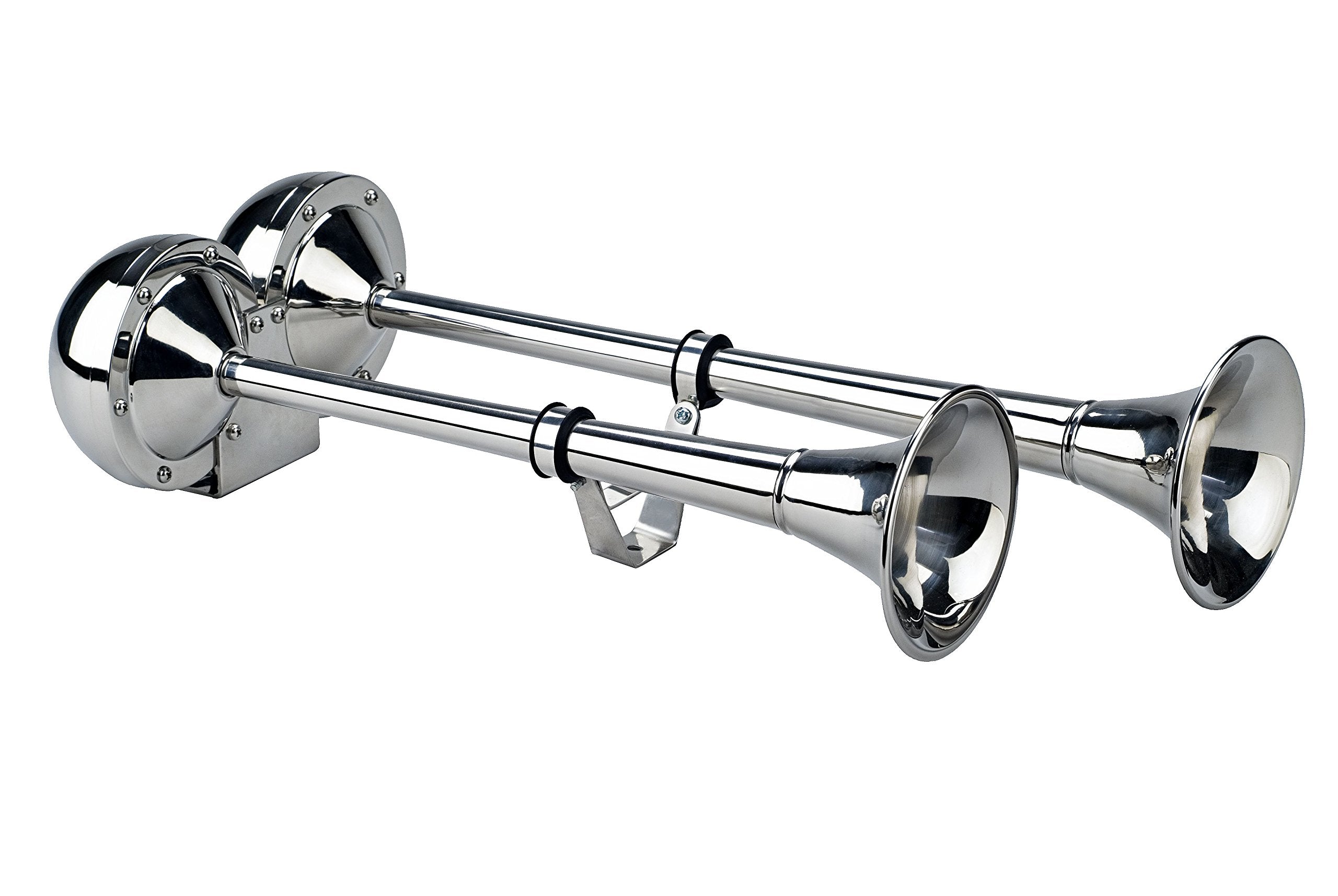 Wolo The Dominator (125) Stainless Steel Dual Trumpet Marine Horns - 12 Volt, Low and High Tone (125-12), Chrome