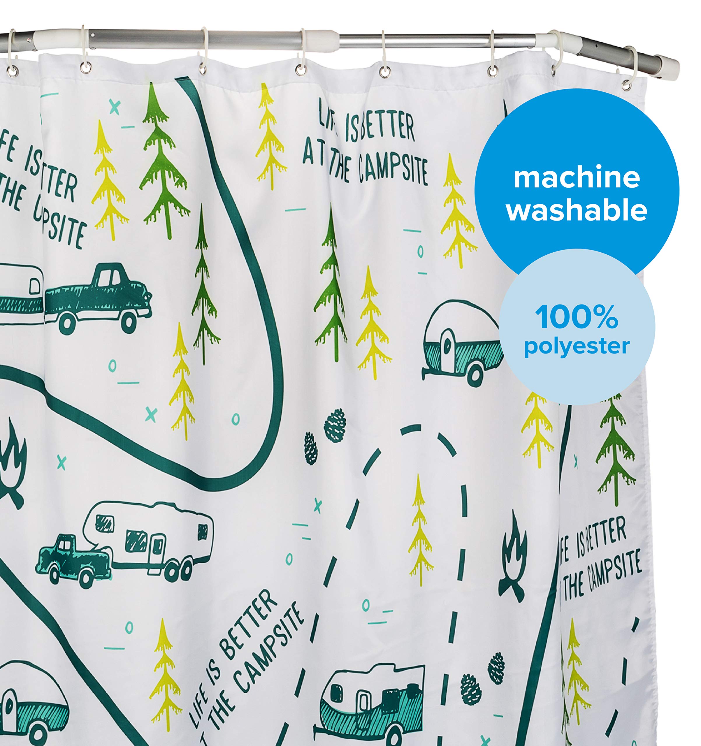 Camco RV-Sized Shower Curtain, Life is Better at The Campsite Features Map Design - Sized to Fit Most RV Showers - Includes (12) Plastic Rings (53245)