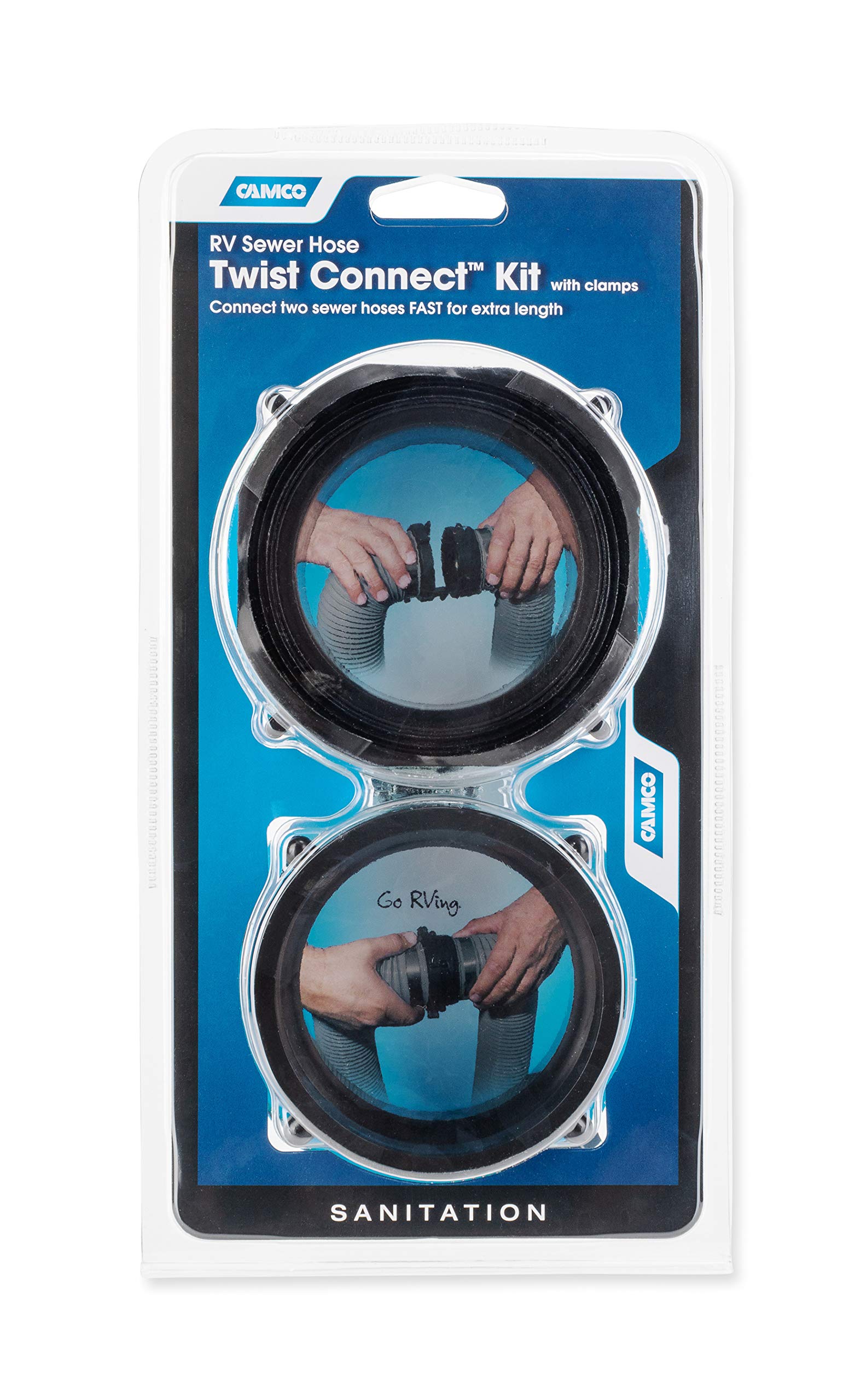 Camco Sewer Hose Camper & RV Twist Connect Kit - Quickly Connect 2 RV Hoses - Features Simple Non-Restrictive Design & Fits 3” Sewer Camper Hoses - Includes Lug Connector Fitting & More (39543)