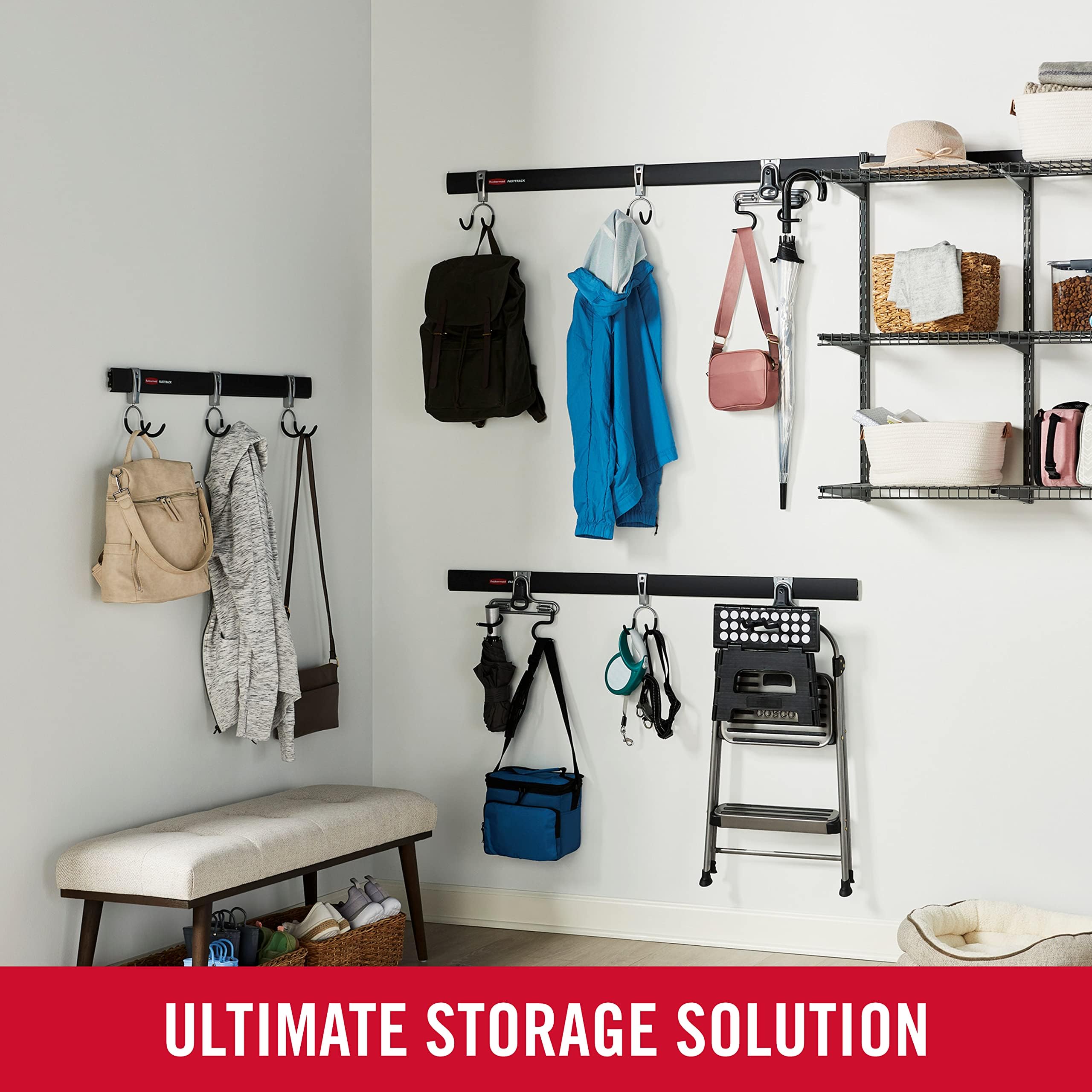 Rubbermaid FastTrack Garage Storage Utility Hooks All in One 5 Piece Black Kit and Tool Organizer Heavy Duty for Home/Garage/Shed/Garden