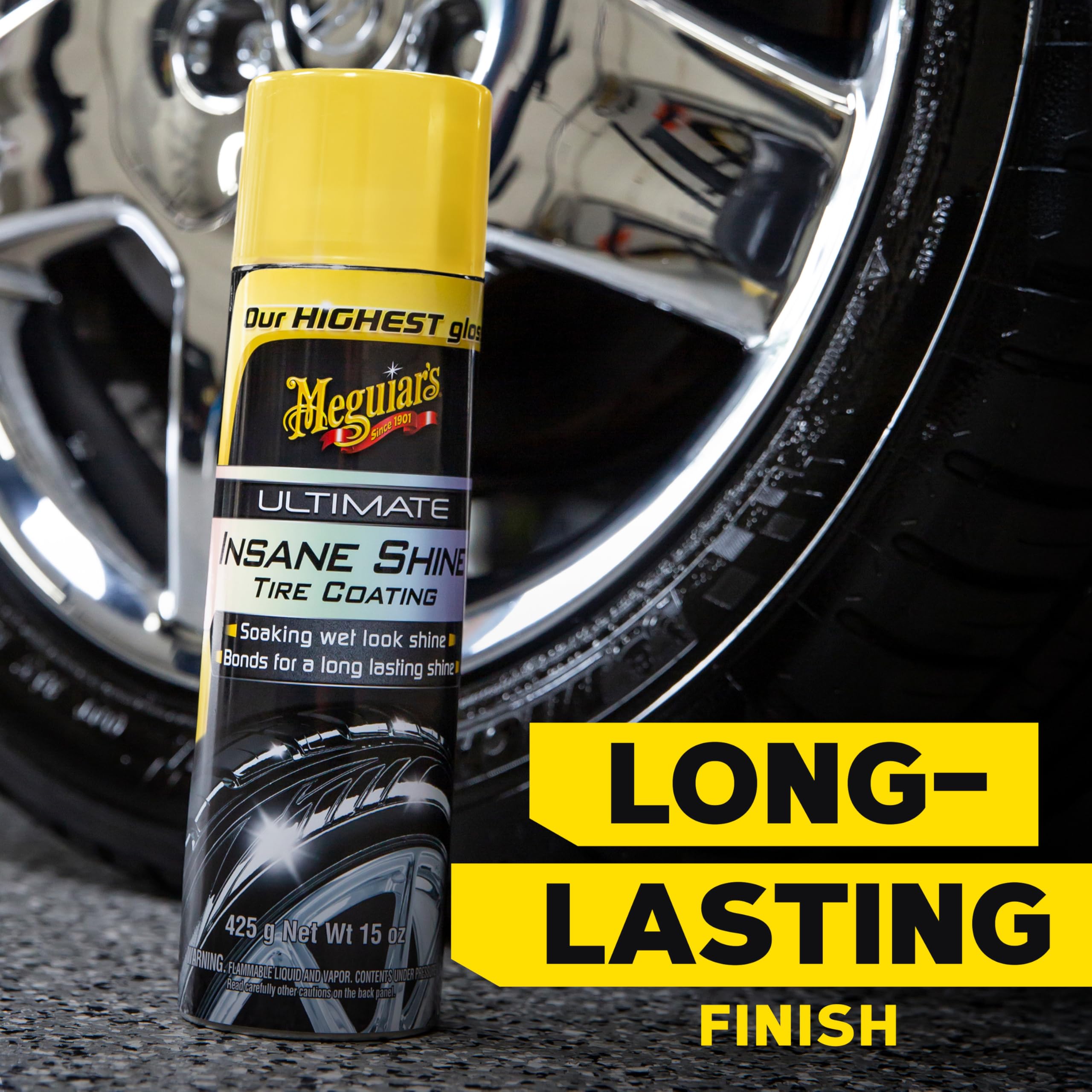Meguiar's Ultimate Insane Shine Tire Coating, gives a Finish that Creates a Lasting Wet-Look for a Classic Black Shine, Easy to Use, No Mess, Ultimate Protection, 15 Oz Aerosol Can