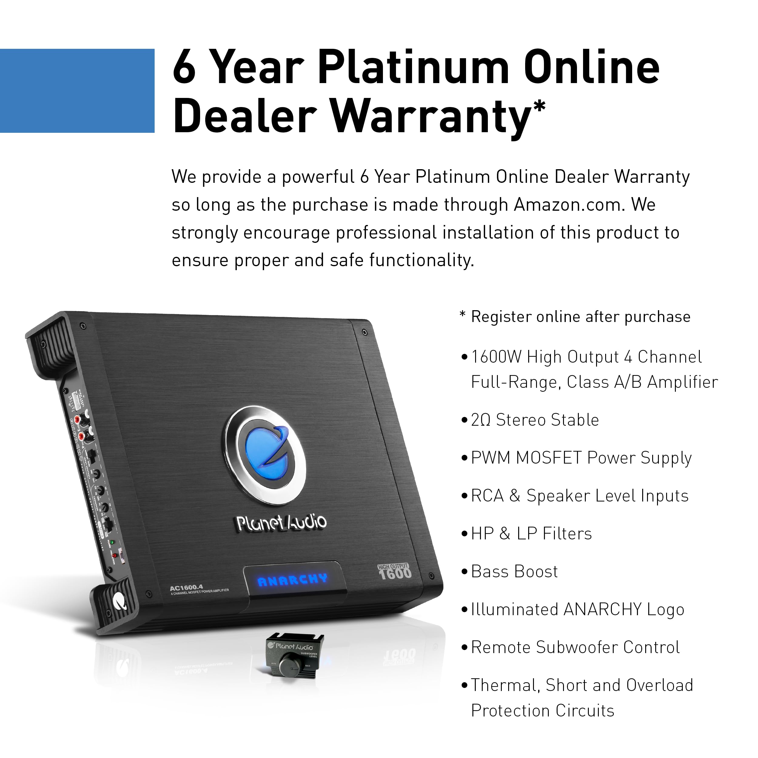 Planet Audio Anarchy Series AC1600.4 4 Channel Class A/B Car Amplifier - 1600 High Output, High/Low Pass Crossover, Hook up to Subwoofer for Bass