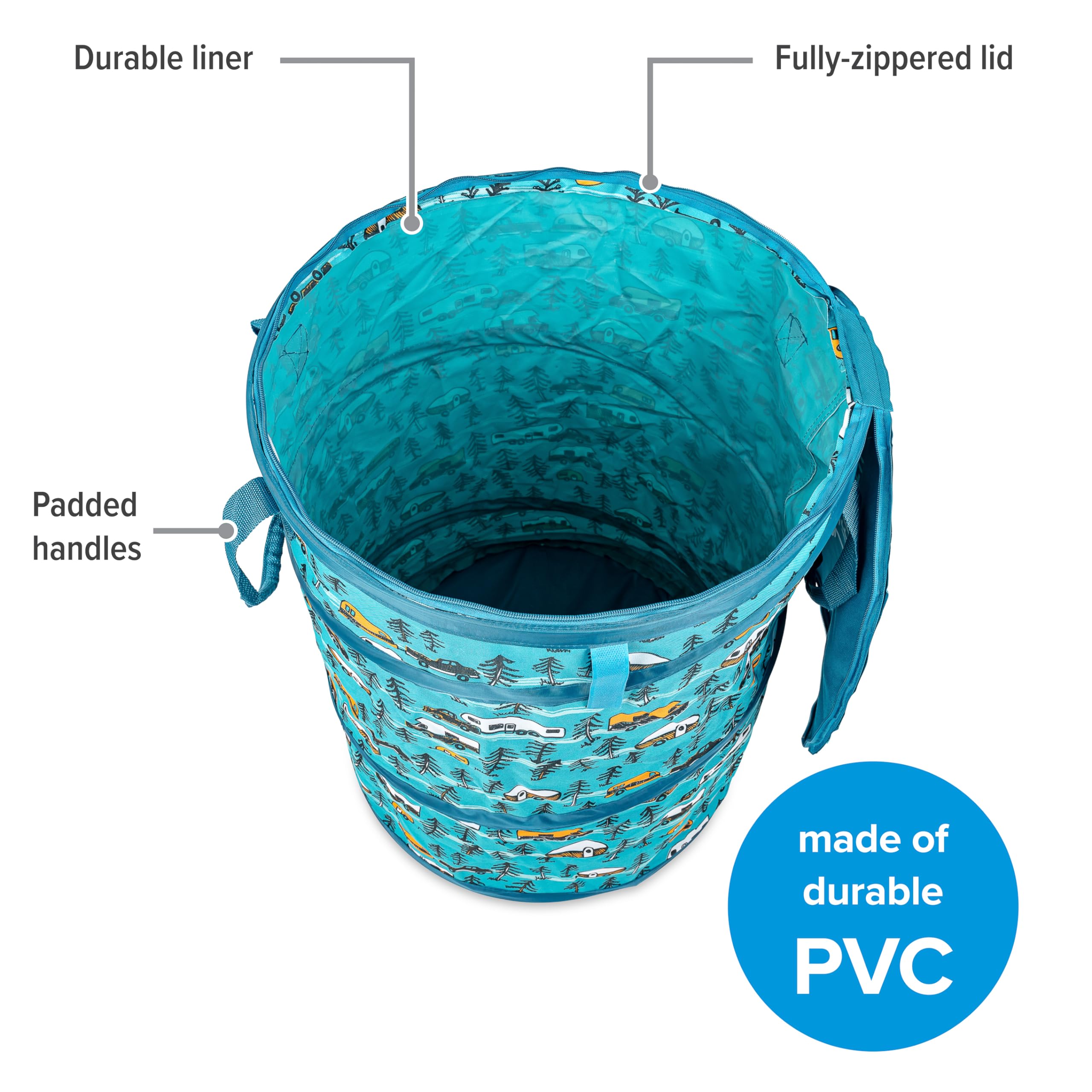 Camco Pop-Up Utility Container Life is Better at The Campsite - 18 x 24-inch - A Compact Size for Multi-Purpose Use - Sketched RVs and Trees Pattern (42987)