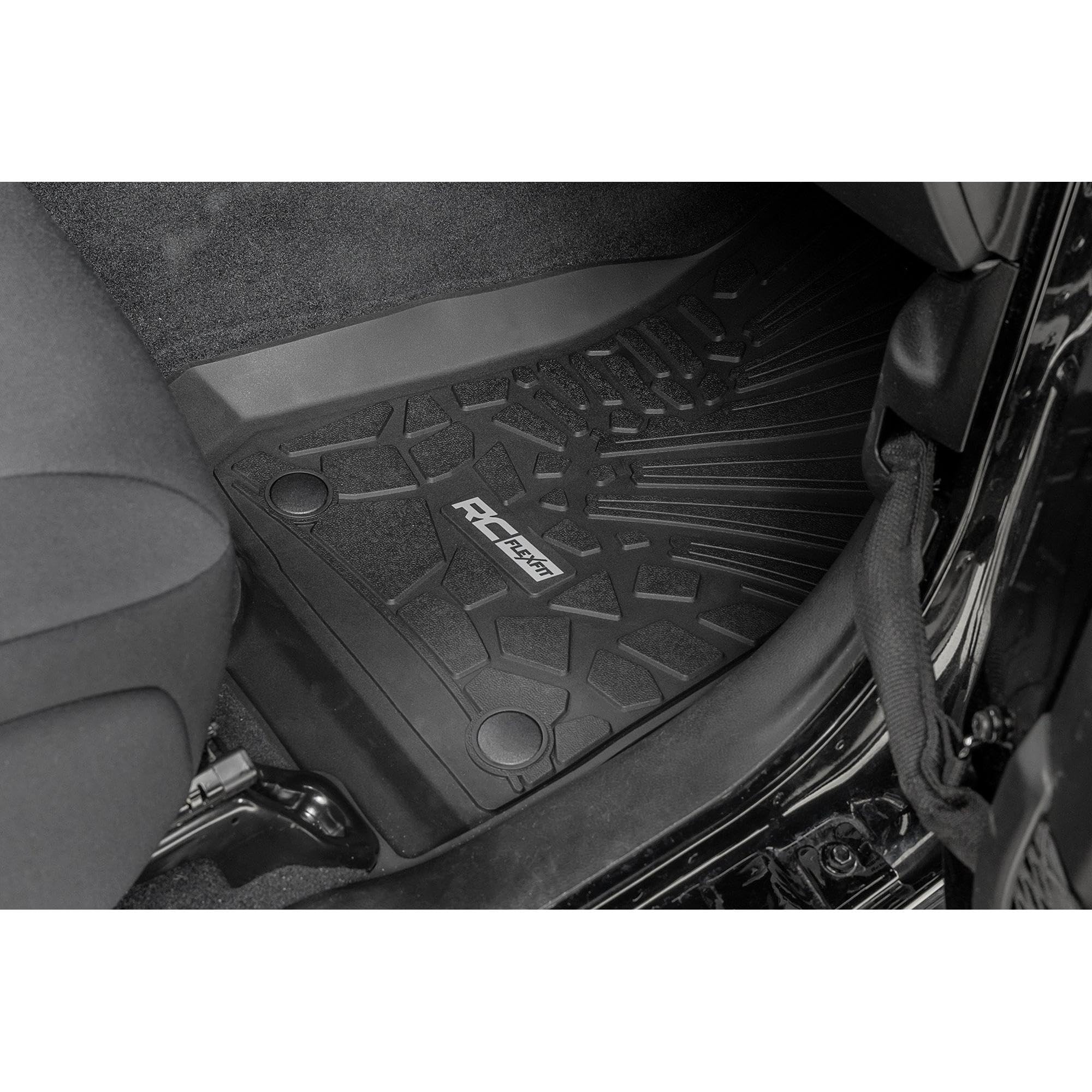 Rough Country Front Floor Mats Flex-Fit for Jeep Wrangler JL Unlimited 4-Door (2018-2025) - Front & Rear Set, Custom All-Weather Non-Slip TPE Liners w/Spill Saver Lip