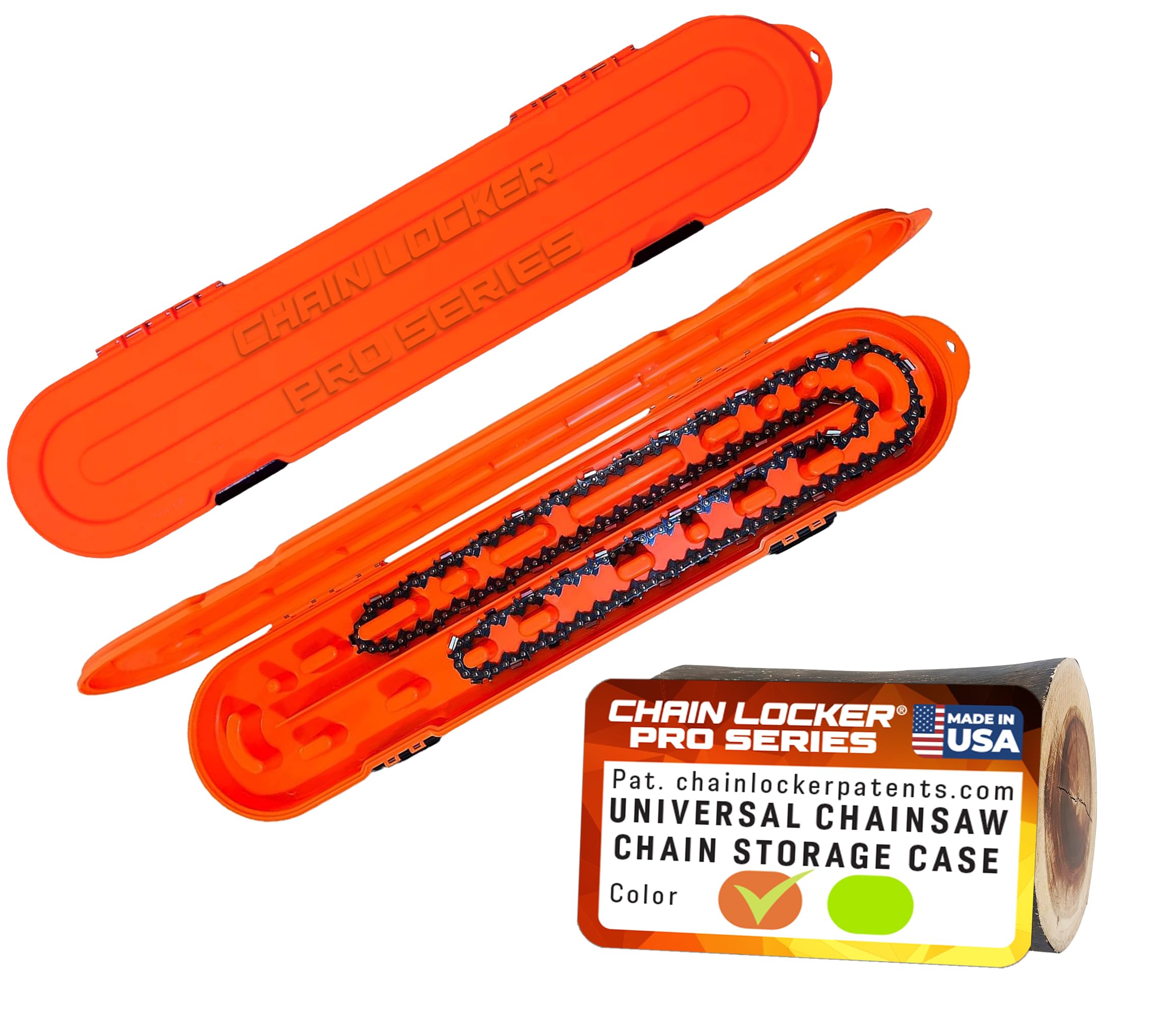 Universal Portable Chain Locker Pro Series - Saw Storage Case for Long Blades - Double Row, Double-Sided for Sharp & Dull Chains, 2” Tall, Made in USA - High-Vis Orange - Holiday Gift for Family