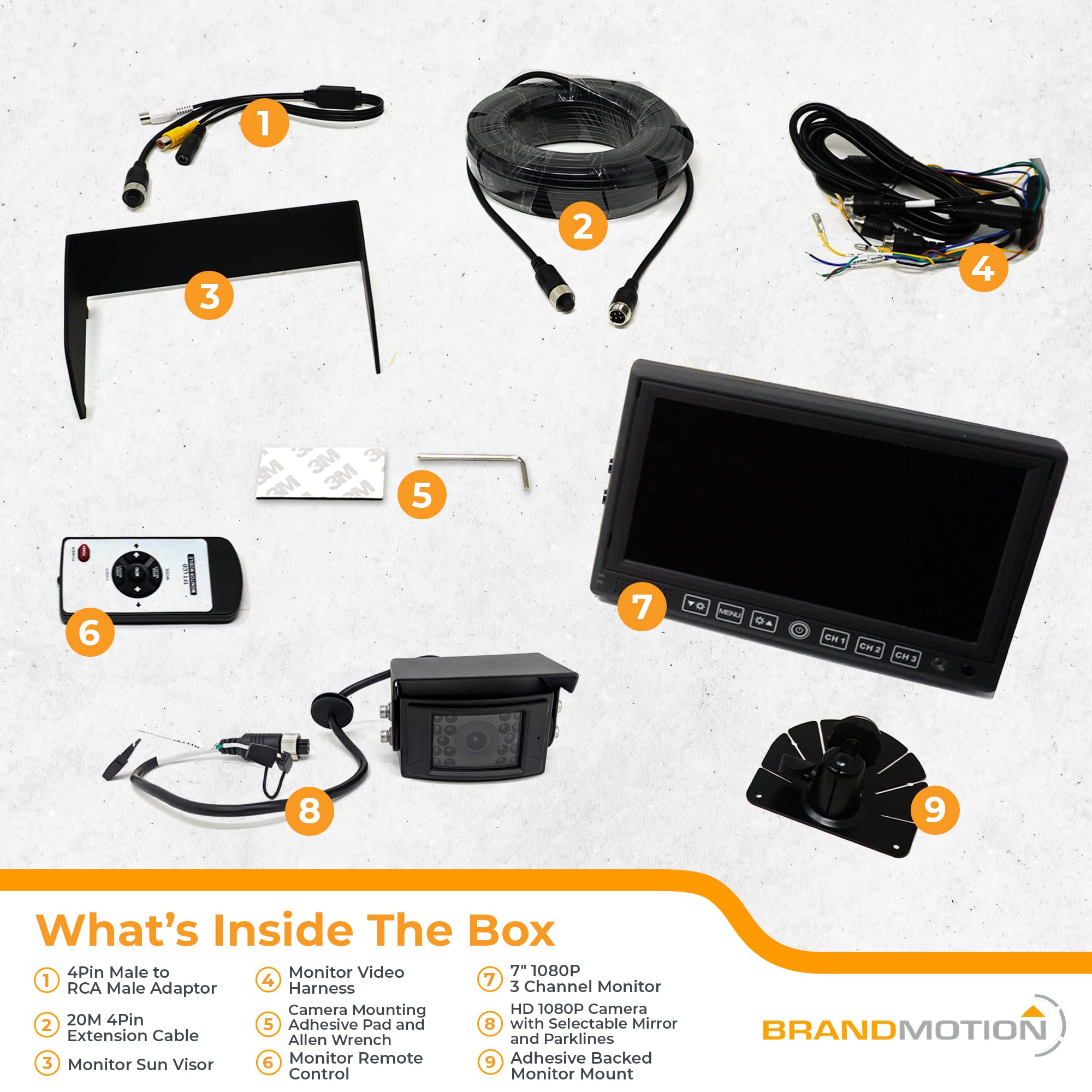 Rear Vision Camera Brandmotion Commercial Grade and 7” HD Monitor System FLTW-7000 | Backup Camera HD 1080p | Industrial Waterproof Shockproof Adjust Case | Night Vision Cam | Trailer, Van, Box Truck