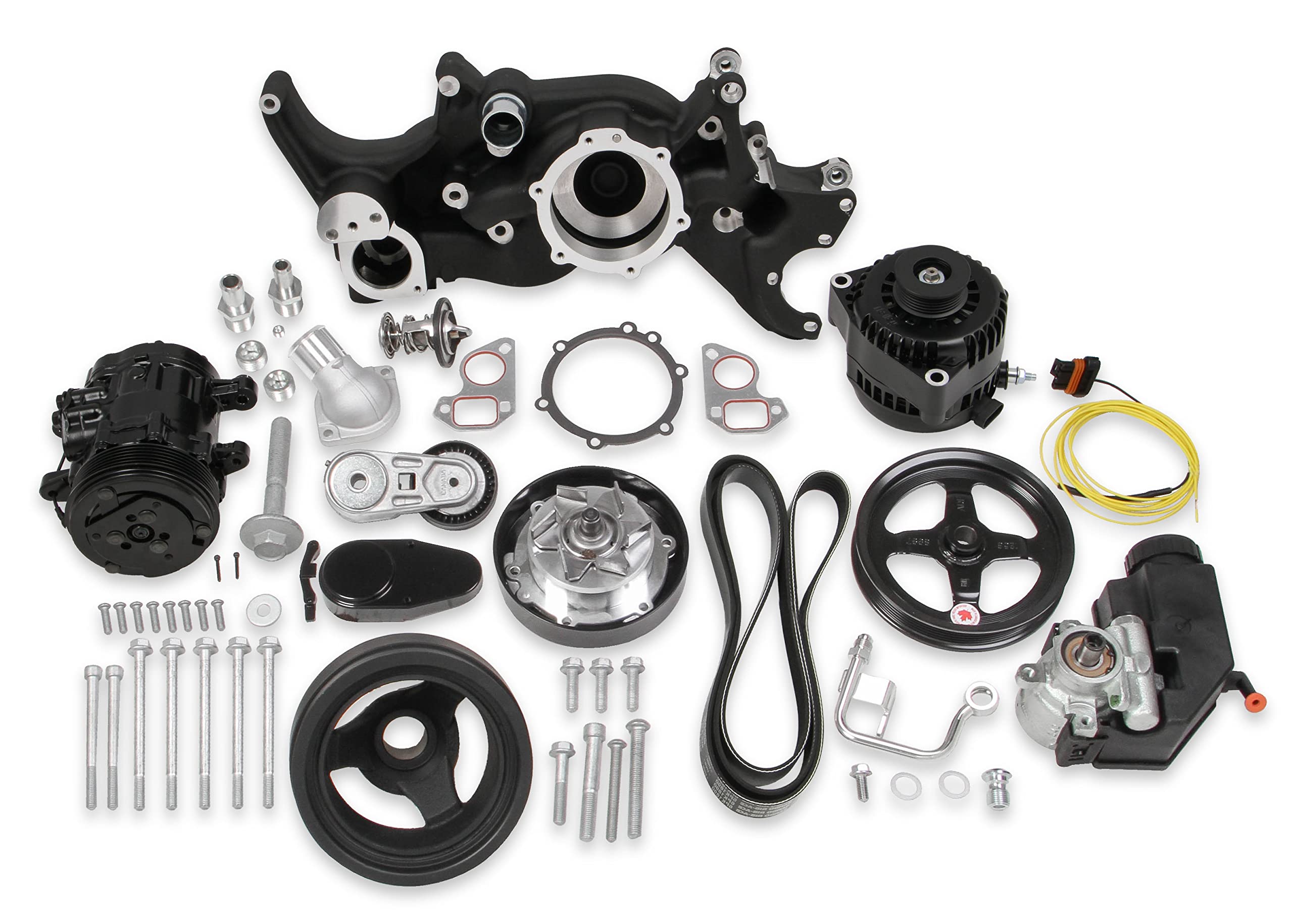 Holley Complete LS Swap Front Accessory Serpentine Drive System | Mid-Mount with Water Pump, Alternator, A/C & Power Steering | Gen III/IV 4.8/5.3/LS1/LS2/LS3/LS6 Black Finish 20-185BK