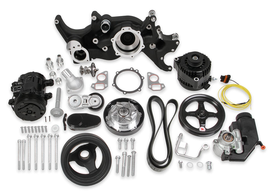 Holley Complete LS Swap Front Accessory Serpentine Drive System | Mid-Mount with Water Pump, Alternator, A/C & Power Steering | Gen III/IV 4.8/5.3/LS1/LS2/LS3/LS6 Black Finish 20-185BK