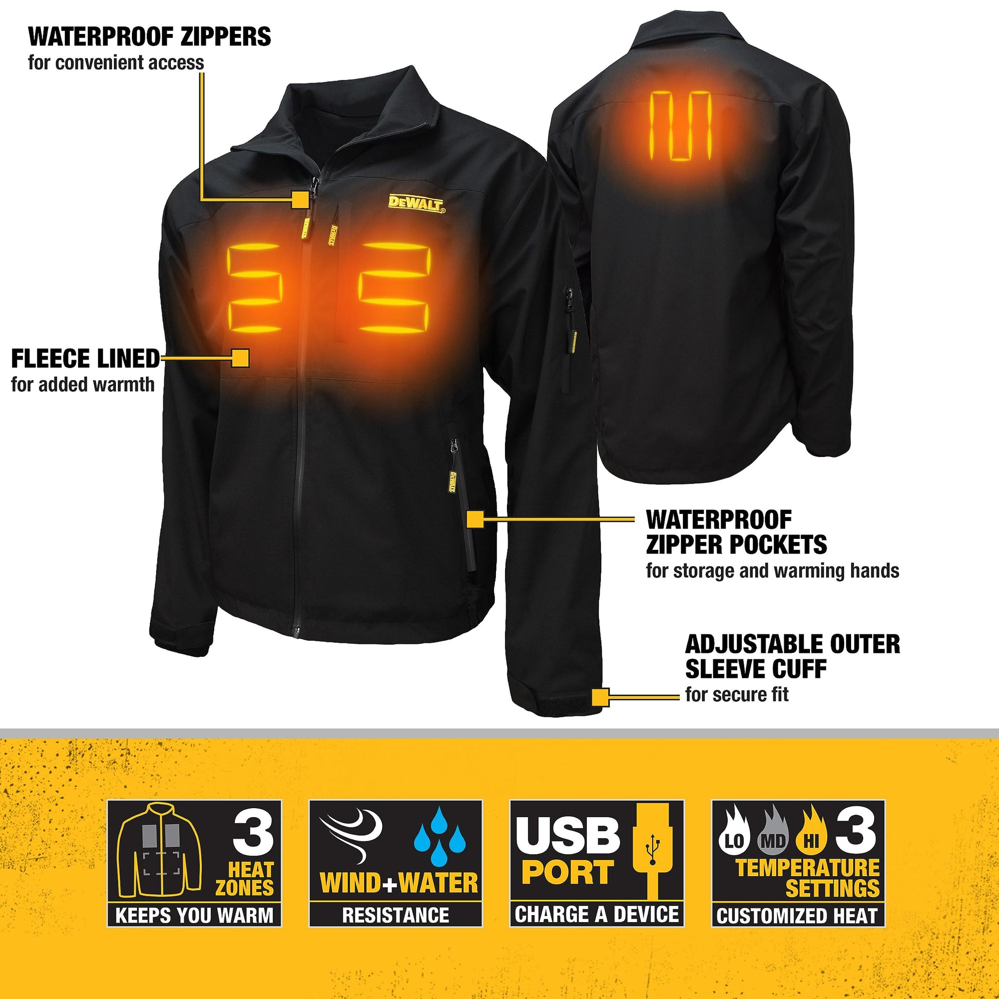 Men's DEWALT Heated Standard Soft Shell Jacket with Battery Black Size 2X