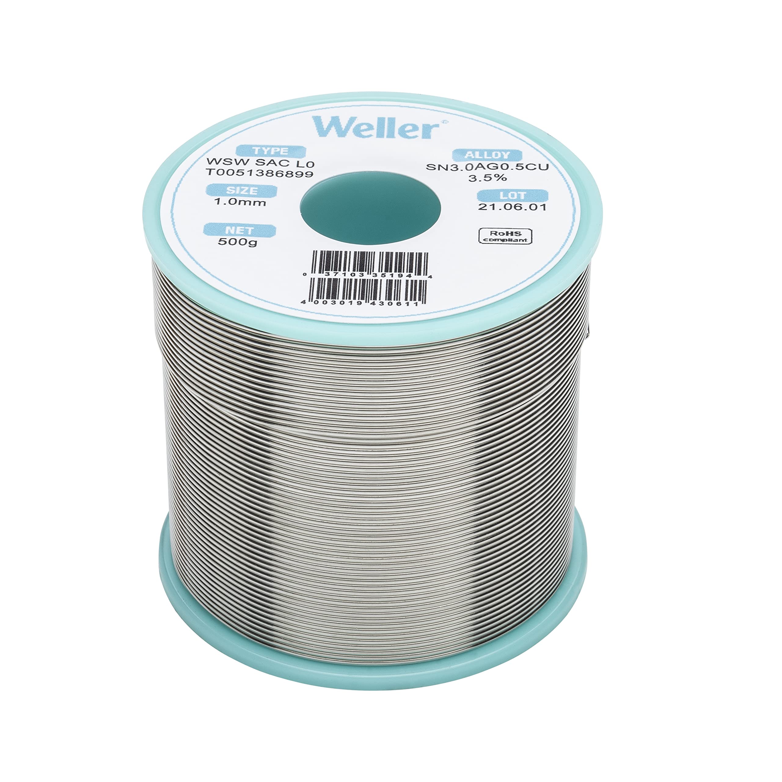 Weller Lead Free Solder Wire WSW SAC L0 (T0051388899), Dia: 1.0 mm / 0.039 in, Wt: 250 g / 8.818 oz, Alloy Sn96.5Ag3.0Cu0.5, Flux content 3.5%